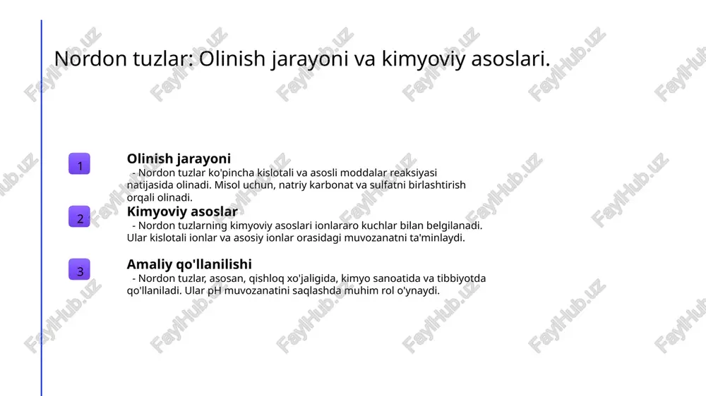 o'rtasidagi farqlar, ularning ph darajasi va eritmada ionlashuvi bilan belgilanadi. bu farqlar amaliyotda turli kimyoviy jarayonlar uchun muhimdir. tuzlarning eritmadagi xatti-harakatlari: kimyoviy xususiyatlar va reaktsiyalar. tuzlarning eritmada ta'siri reaksiya mexanizmlari tuzlarning stabilligi tuzlar eritmada ionlarga ajralib, elektrolytlarga aylanadi. bu jarayon, eritmaning elektr o'tkazuvchanligini oshiradi va kimyoviy reaksiya natijasida muhim ahamiyatga ega. tuzlar, eritmada ionlar o'rtasida muvozanatni saqlash orqali turli kimyoviy reaksiyalarni katalizlaydi. bu jarayon asosan kislota va asoslar bilan o'zaro ta'sirda namoyon bo'ladi. tuzlar eritmada o'z stabilitetini saqlash uchun ph, temperatura va konsentratsiyaga bog'liq. bu omillar, tuzlarning kimyoviy xususiyatlarini va reaksiya tezligini belgilaydi. asosli va kislotali tuzlar: eritmalardagi o'zaro ta'siri va muvozanat. 1 asosli tuzlar - asosli tuzlar, kislota bilan reaksiya berish orqali hosil bo'ladi. ular eritmada ph ni oshiradi va asosiy xususiyatlarini ko'rsatadi. 2 kislotali tuzlar - kislotali tuzlar, kislotalarning tuzlar bilan reaksiya natijasida olinadi. ular eritmada ph ni pasaytiradi va o'ziga xos xususiyatlar bilan ajralib turadi. 3 o'zaro …
