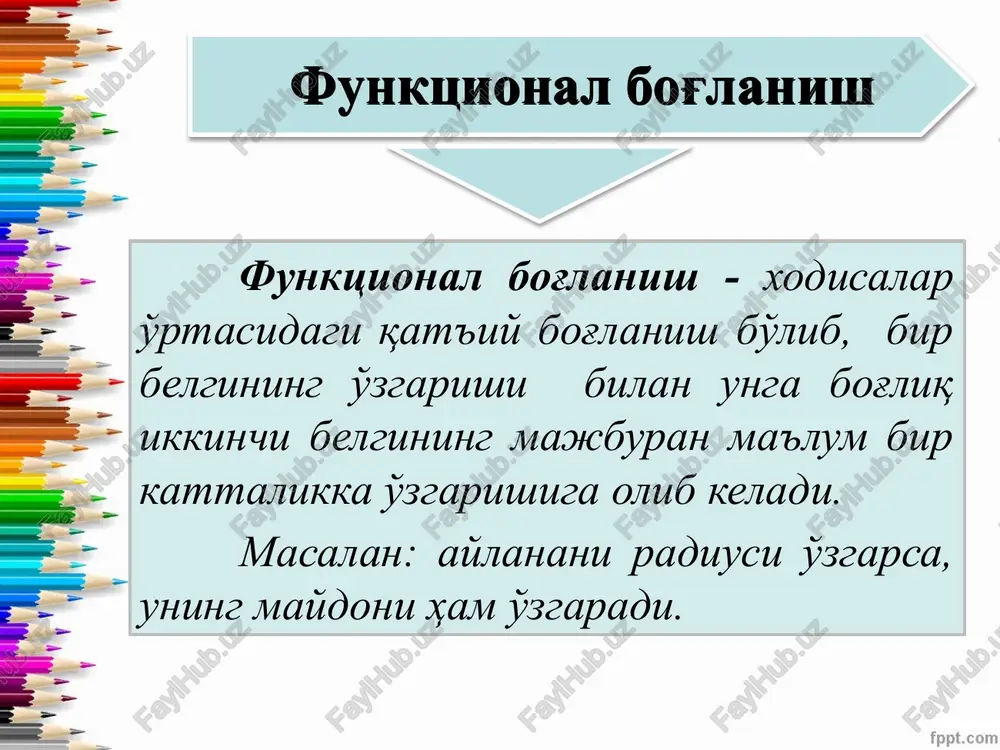 belgilar faqat miqdor xarakterga ega bo'lganda. pirson usuli bo'yicha korrelyatsiya koeffitsienti quyidagi formula bo'yicha topiladi: r = σ dx x dy / sqr σ dx2 x σ dy2 bu erda: dx va dy – variantani o'rtacha miqdordan og'ishi r –korrelyatsiya koeffitsienti. masalan: 25-45 yoshdagilarning minimal va maksimal arterial bosimini orasidagi bog'lanish kuchi va yo'nalishini aniqlang: maksimal bosim (x) minimal bosim (v) dx dv dx 2 dv 2 dx x dv 126 76 -5 -18 25 324 90 126 81 -5 -13 25 169 65 129 81 -2 -13 4 169 26 126 94 -5 0 25 0 0 136 96 5 2 25 4 10 136 101 5 7 25 49 35 136 101 5 7 25 49 35 130 102 1 8 1 64 -8 131 102 0 8 0 64 0 135 104 4 10 16 100 40 1311 938 171 992 293 n = 10 hisoblash ketma-ketligi: …