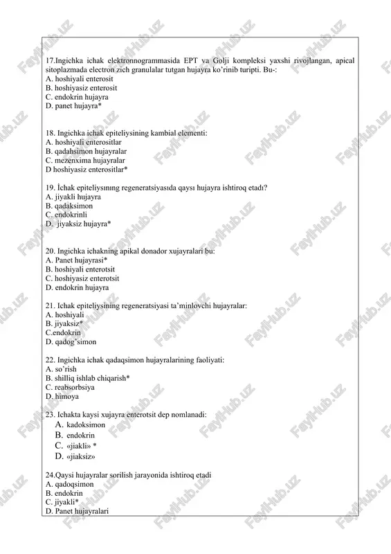 li» * 1. «jiaksiz» 24.qaysi hujayralar sorilish jarayonida ishtiroq etadi a. qadoqsimon b. endokrin c. jiyakli* d. panet hujayralari 25. ingichka ichakning hoshiyali hujayralari olmasichi : a. 3-sutka* b. 60-sutka c. 10-sutka d. bir necha oy 25. bazal donador hujayralar, bu a. jiyakli hujayralar b. endokrin hujayralar* c. panet hujayralar d. kambial hujayralar 27.xoletsistokinin va pankreozimin ishlovchi xujayra: 1. a-xujayra 1. g-xujayra 1. ec-xujayra 1. i-xujayra * 28. s-xujayralarning sekreti: 1. gastrin 1. glyukagon 1. sekretin * 1. bombezin 29. enteroglyukagon ishlaydigan xujayra: a. a-xujayra * b. g-xujayra c. ec-xujayra d. i-xujayra 30. qondagi qand miqdorini oshiradi: a. glyukogon* b. insulin c. somatostatin d.bombezin 31. bu xujayralarning tsitoplazmasi okish bulib, uzining bazal kismida kuplab sekret donachalari tutishi bilan ajralib turadi. bu kaysi xujayra: 1. enterotsit 1. kulchitskiy* 1. kadoksimon 1. panet 32. bazal donador (kulchitskiy) xujayralari bu: 1. endokrin * 1. kadoksimon 1. xoshiyali 1. xoshiyasiz 33. peyer pilakchalari uchraydi: …