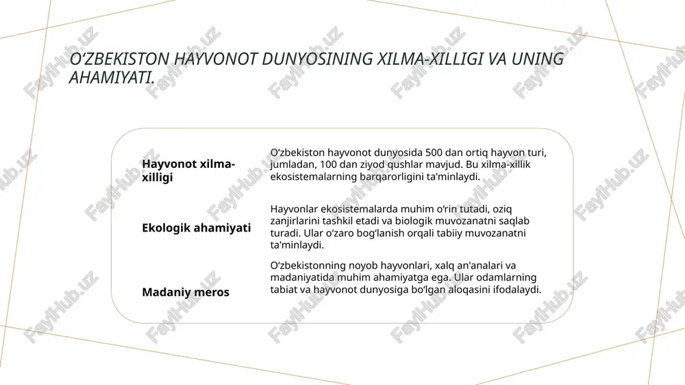 r tashkil etdi, bu esa ularning yashash muhitini ximoya qiladi. 3 xalqaro hamkorlik o‘zbekiston xalqaro tashkilotlar bilan hamkorlikda noyob hayvonlarni saqlash bo‘yicha dasturlarni ishlab chiqmoqda, bu esa global biologik xilma-xillikni himoya qiladi. o‘zbekiston hayvonlarining madaniy merosdagi o‘rni va o‘rganilishi. o‘zbekiston hayvonot dunyosining madaniy merosdagi o‘rni beqiyos. noyob hayvonlar xalq an'analari va san'atida o‘z aksini topadi. ularning o‘rganilishi, ekologik ahamiyatini tushunishga yordam beradi. misol uchun, qizil kitlar va boshqa endemik turlar madaniy merosni boyitadi. photo by torsten dederichs on unsplash o‘zbekiston hayvonot dunyosining ekologik ahamiyati va muhofaza qilish zarurati. 1 o‘zbekiston hayvonot dunyosining roli - o‘zbekiston hayvonot dunyosi, ekosistemalarni muvozanatda saqlashda muhim rol o‘ynaydi, bu esa biotop va hayvonlar o‘rtasidagi aloqalarni ta'minlaydi. 2 ekologik muvozanat - noyob hayvonlar va ularning yashash muhitlari ekologik muvozanatni ta'minlaydi, bu esa o‘simliklar va boshqa hayvonlar hayoti uchun zarurdir. 3 muhofaza qilish zarurati - o‘zbekistonning noyob hayvonlarini muhofaza qilish zarurati, ularning yo‘qolishi va biotoplarning buzilishi xavfi …