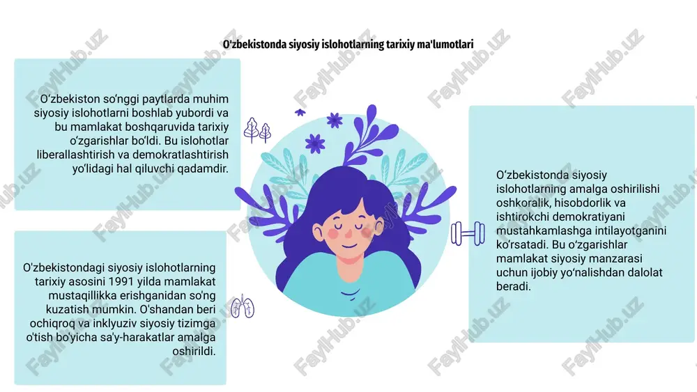 b, ijtimoiy hamjihatlik va inklyuzivlik mustahkamlandi. bu hamjihatlik va taraqqiyot tuyg‘usini kuchaytirib, yorug‘ va istiqbolli kelajakka yo‘l ochdi. mars is a cold place siyosiy islohotlar natijasida yuzaga kelgan huquqiy va institutsional o'zgarishlar o‘zbekiston siyosiy islohotlar orqali muhim huquqiy va institutsional o‘zgarishlarni amalga oshirdi. islohotlar mamlakat siyosiy tizimini modernizatsiya va demokratlashtirishga qaratilgan. hukumat boshqaruv tizimini takomillashtirish va shaffoflikni ta’minlash maqsadida huquqiy va institutsional asosda turli islohotlarni amalga oshirdi. bu esa siyosiy barqarorlik va xalq ishonchining oshishiga olib keldi. o‘zgarishlar qonun ustuvorligini oshirish va inson huquqlarini himoya qilishga ham qaratilgan. umuman olganda, o‘zbekistonda olib borilayotgan siyosiy islohotlar mamlakatning huquqiy va institutsional landshaftida ijobiy o‘zgarishlarni amalga oshirdi. mental health infographics o‘zbekistondagi siyosiy islohotlar jamoatchilik tomonidan turlicha qabul qilingan. ayrim fuqarolar bu o‘zgarishlarni qo‘llab-quvvatlasa, boshqalari esa shubhali. hukumatning siyosiy islohotlarni amalga oshirish borasidagi sa’y-harakatlari ommaviy axborot vositalarida keng muhokama qilinib, muhokama qilinmoqda, bu o‘zgarishlarning samaradorligi va ta’siri haqida turli fikrlar bildirilmoqda. umuman olganda, o‘zbekistondagi …