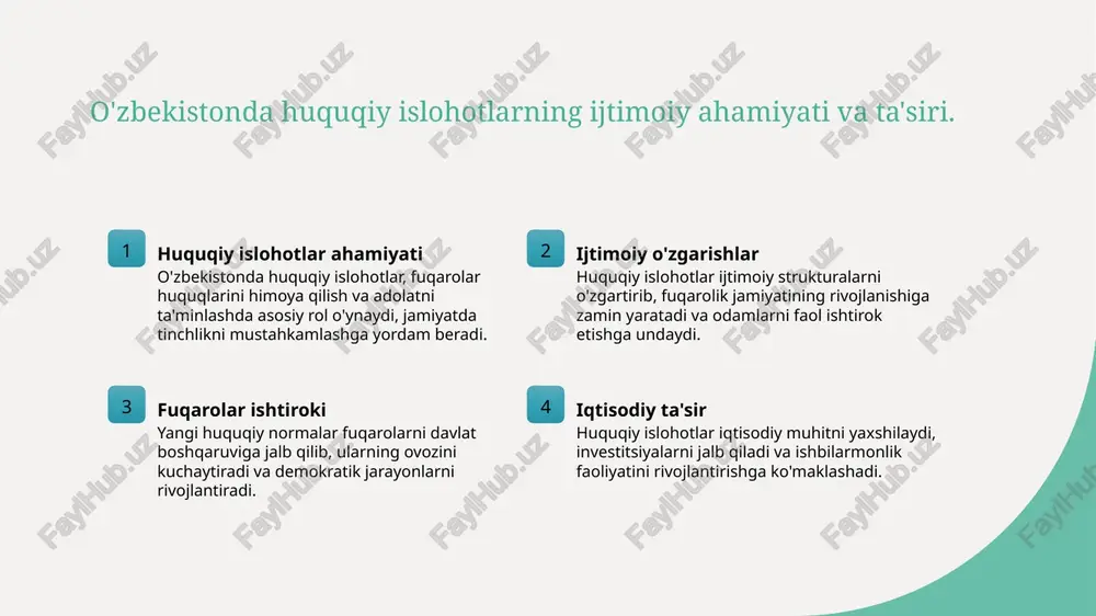 soladi, bu esa ijtimoiy barqarorlikni ta'minlaydi va demokratik qadriyatlarni rivojlantiradi. 3 o'zaro ta'sir huquqiy islohotlar va fuqarolik jamiyati o'rtasidagi o'zaro ta'sir, fuqarolarning faol ishtirokini rag'batlantiradi va hukumatning hisobdorligini oshiradi. 4 rivojlanish imkoniyatlari rivojlangan fuqarolik jamiyati, huquqiy islohotlar orqali, ijtimoiy-siyosiy muammolarni hal qilishda yangi imkoniyatlar yaratadi va adolatni ta'minlaydi. fuqarolik jamiyatida huquqiy islohotlarning roli va ta'siri. fuqarolik jamiyatida huquqiy islohotlar davlat boshqaruvini yaxshilash va fuqarolarning huquq va erkinliklarini ta'minlashda muhim rol o'ynaydi. ushbu islohotlar orqali jamiyatda adolat, tenglik va ochiqlikni ta'minlash mumkin. - fuqarolar ishtiroki oshadi. - xalqaro standartlarga muvofiqlik kuchayadi. - huquqiy madaniyat rivojlanadi. photo by sue winston on unsplash o'zbekistondagi huquqiy islohotlar va ularning fuqarolik jamiyatiga ta'siri. 1 huquqiy islohotlar o'zbekistondagi huquqiy islohotlar, demokratik qadriyatlarni rivojlantirish va fuqarolik huquqlarini himoya qilish maqsadida amalga oshirilmoqda. 2 fuqarolik jamiyati huquqiy islohotlar fuqarolik jamiyatining shakllanishini tezlashtirib, jamoatchilikning faol ishtirokini ta'minlaydi, bu esa ijtimoiy barqarorlikni oshiradi. 3 ta'sirlar va natijalar o'zbekistondagi huquqiy islohotlar, …