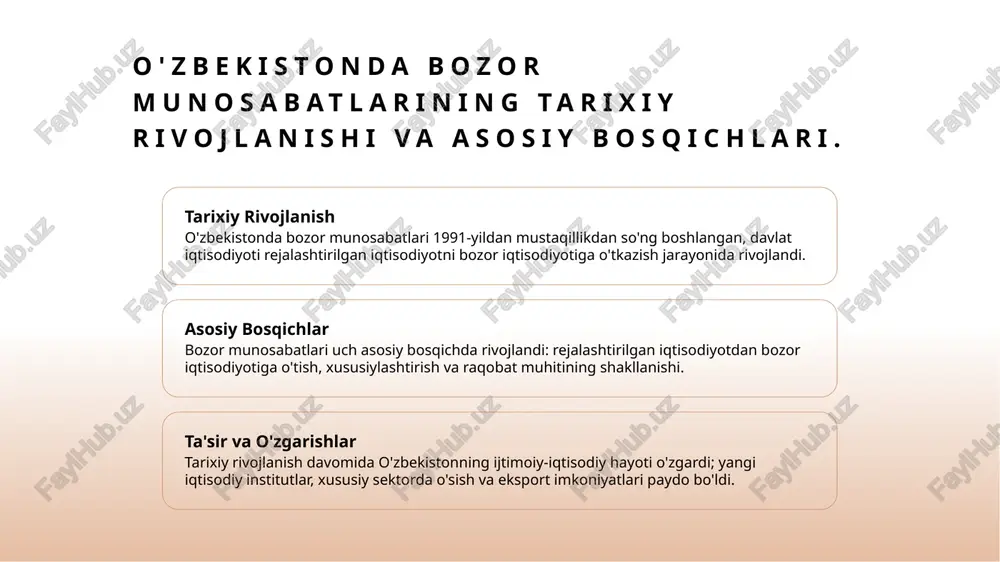 ziga xos xususiyatlari va ularning ta'siri. 1 o'zbekiston resurslari o'zbekiston tabiiy resurslarga boy, ayniqsa, paxta, gaz, va oltin kabi. bu resurslar iqtisodiy o'sishni qo'llab-quvvatlaydi va eksport imkoniyatlarini oshiradi. 2 iqtisodiy diversifikatsiya o'zbekiston iqtisodiyoti hozirda diversifikatsiya jarayonida. qishloq xo'jaligidan sanoat va xizmatlar sektoriga o'tish, barqaror o'sish uchun muhim ahamiyatga ega. 3 bozor mexanizmlari bozor mexanizmlari o'zbekistonda rivojlanmoqda. narxlarni erkin belgilash, raqobatni oshirish va iste'molchilar huquqlarini himoya qilish iqtisodiyotni mustahkamlaydi. 4 davlatning roli davlat iqtisodiyotda muhim rol o'ynaydi. u strategik sohalarni boshqaradi, investitsiyalarni jalb qiladi va bozor infratuzilmasini rivojlantirishga yordam beradi. iqtisodiy o'sish va bozorni rivojlantirishdagi muhim omillar. iqtisodiy o'sish va bozorni rivojlantirishda bir qator muhim omillar mavjud. ular orasida investitsiyalar, innovatsiyalar va xalqaro savdo aloqalari muhim rol o'ynaydi. shuningdek, davlat siyosati va iqtisodiy islohotlar bozorning barqarorligini ta'minlashda asosiy ahamiyatga ega. o'zbekistonning iqtisodiy rivojlanishi uchun bu omillarni hisobga olish zarur. photo by shubham dhage on unsplash o'zbekiston bozor iqtisodiyotida davlatning roli va …