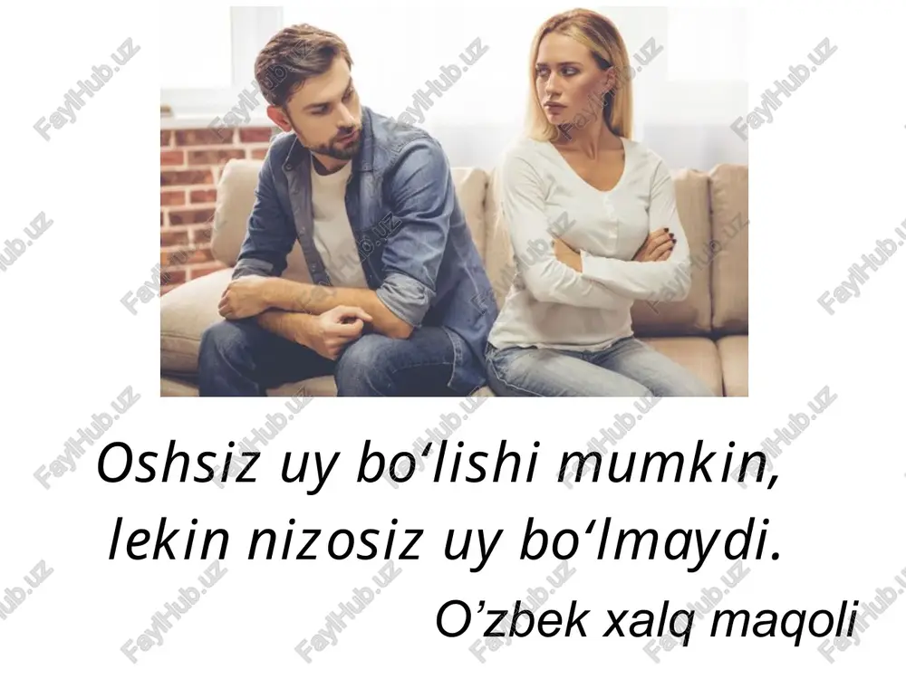 vaqtini mustaqil tashkil etishi, do‘stlar tanlashdagi mustaqilligi, hissiyot sohasidagi mustaqilligi, modaga, bugungi kun talabiga mos kiyinishi, kasb tanlashdagi mustaqilligi, umr yo‘ldoshi tanlashda mustaqillik uchun otaonalari bilan ba’zan kurash olib borishning xush kelmasligi. 3. ota-onalar ichkilikka ruju qo‘yishi yoki or-nomusni yig‘ishtirib qo‘yib, buzuqchilik qilishi. 4. ba’zi bolalarni mehnat qilishga o‘rgatilmaganligi va buning oqibatida yengil-yelpi hayot kechirishga o‘rganib qolishi. 5. ayrim yoshlarning farzandlik burchini unutib qo‘yishi va hokazo. 6. ota-onalarning psixologik-pedagogik bilim saviyalari yetarli darajada emasligi natijasida yuzaga keladigan kelishmovchiliklar. qaynona-kelin o‘rtasidagi nizolar sababi - ba’zi qizlarda nikohgacha oilaviy hayotga, qaynonaga, qaynona-kelin munosabatlariga nisbatan salbiy tasavvur shakllangan bo‘ladi. ayniqsa, yoshlar qaynonani oldindan faqat salbiy qiyofa sifatida tasavvur qiladilar. 2. qaynona-kelinning dunyoqarashlari va uy-ro‘zg‘or tutishlari orasida kelishmovchilik paydo bo‘ladi va keskinlashadi. 3. ba’zi kelinlar kelinlik va onalik vazifalarini bajarishga tayyor bo‘lmaydilar. 4. ayrim hollarda qaynona-kelin bolalar tarbiyasi masalasida kelisha olmay qoladilar. image1.jpeg image2.jpeg image3.jpeg image4.jpeg image5.jpeg image6.jpeg image7.jpeg image8.png image9.jpeg image10.jpeg image11.jpeg image12.jpeg …
