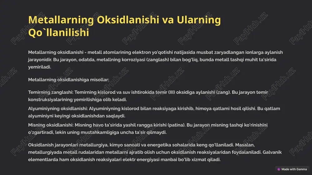 dan foydalanish, ichimlik suvining xavfsizligini ta'minlaydi. 4 elektroliz jarayoni va undan elementlar olish elektroliz - elektr energiyasi yordamida moddalarning redoks reaksiyalariga kirishish jarayonidir. bu jarayon eritilgan yoki suvli eritmalar orqali elektr toki o'tkazilganda sodir bo'ladi. elektroliz yordamida ko'plab elementlar va birikmalar olish mumkin. elektrolizning asosiy qismlari: elektrodlar: elektr toki o'tkazuvchi materiallar (odatda, metall yoki grafit). anod - musbat zaryadlangan elektrod, katod - manfiy zaryadlangan elektrod. elektrolit: eritilgan yoki suvli eritmalar, ular orqali ionlar harakatlanadi. elektr manbai: elektr tokini ta'minlovchi qurilma (masalan, akkumulyator). elektrolizning qo'llanilishi: metallarni olish: alyuminiy, magniy, natriy kabi faol metallarni ularning tuzlarining elektrolizi orqali olish. gazlarni olish: suvning elektrolizi orqali vodorod va kislorod olish. galvanik qoplamalar: metall buyumlarning yuzasiga boshqa metall qoplamalarini elektroliz yordamida yotqizish. suvni tozalash: elektroliz yordamida suvdagi zararli moddalarni yo'qotish. 5 oksidlanish-qaytarilish reaksiyalarida katalizatorlarning roli katalizatorlar - reaksiyaning tezligini o'zgartiruvchi, lekin reaksiyada sarflanmaydigan moddalardir. oksidlanish-qaytarilish reaksiyalarida katalizatorlar elektronlarning o'tishini osonlashtiradi va shu bilan reaksiyaning tezligini …