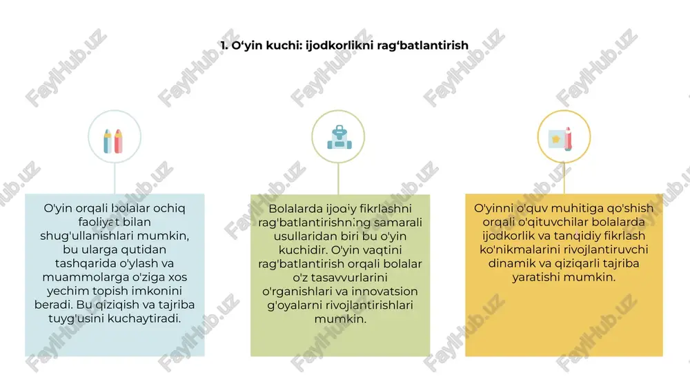 va ijodiy fikrlashni rag'batlantirishning kuchli usuli. bolalarni jozibali ertaklarga singdirish orqali ular yangi g'oyalar va istiqbollarni qiziqarli va qiziqarli tarzda o'rganishlari mumkin. bu ijodkorlikni rag'batlantiradi va bolalarda muammoni hal qilish va tanqidiy fikrlash kabi muhim ko'nikmalarni rivojlantirishga yordam beradi. 8. hamkorlikdagi ijodlar: ijodiy hamkorlikni rivojlantirish 1 2 3 2 bolalarda ijodiy fikrlashni rag'batlantirish usullaridan biri hamkorlikdagi ijoddir. ijodiy hamkorlikni rivojlantirish orqali bolalar innovatsion g'oyalar va yechimlarni ishlab chiqish uchun birgalikda ishlashlari mumkin. 1 hamkorlikdagi ijodlar bolalarga bir-biridan g'oyalarni o'zgartirishga imkon beradi, tajriba va aqliy hujum uchun qulay muhit yaratadi. bu usul ijodkorlikni rivojlantirish bilan birga jamoaviy ish va muloqot ko'nikmalarini rag'batlantiradi. 3 birgalikda ijod qilish orqali bolalar turli nuqtai nazarlarni qadrlashni o'rganishlari va o'z g'oyalarini hayotga tatbiq etish uchun birgalikda ishlashlari mumkin. bunday yondashuv ularning jamoaviy yutuqlari bilan birdamlik va faxrlanish tuyg'usini uyg'otishi mumkin. 9. ehtiyotkorlik va meditatsiya: ijodkorlikni rivojlantirish bolalarni ong va meditatsiya bilan tanishtirish, ularni o'z fikrlari va …