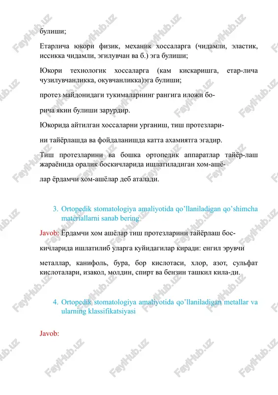 lassifikatsiyasi javob: 5) ortopedik stomatologiya amaliyotida qo’llaniladigan materiallarga qo’yiladigan asosiy talablar javob: tish protezlarini tayyorlash uchun ishlatiladigan materiallar quyidagi talablarga javob berishi kerak: bezarar, og'iz bo'shlig'ida kimyoviy inert bo'lishi kerak, tish qatorlari jipslash- ganda vujudga keladigan kuch ta'siriga yetarli darajada chidamli, ya'ni mexanik jihatdan mustahkam bo'lishi, shakli va hajmining doimiyligini saqlab turishi; texnologik xossalari, masalan, shtamplashda, quyishda, kavsharlashda qolip olishda yaxshi bo'lishi; rangi bo'yicha almashinadigan to'qimalar bilan bir xil bo'lishi va uni o'zgartirmasligi kerak. 6) metallar karroziyasi va ularning turlari javob: korroziya tashqi muhit omillari (kislorod, kislotalar, ishqorlar va boshqa kimyoviy aktiv moddalar) ta'siri ostida, ham metall tarkibiga kiradigan elektr kimyoviy aktivlikka bog'liq struktura ichidagi jarayonlar natijasida ro'y beradigan murakkab kimyoviy jarayondir. korroziyaning quyidagi turlari bor: 1) bir tekis korroziya, bunda metallning butun yuzasi uning mahsulotlari bilan qoplangan bo'ladi; 2) mahalliy korroziya bunda metallning ayrim qismlari zararlanadi. mahalliy korroziyaga metalldagi qistirmalar, strukturasining bir xil emasligi, ichki kuchlanishlar sabab bo'ladi: 3) …