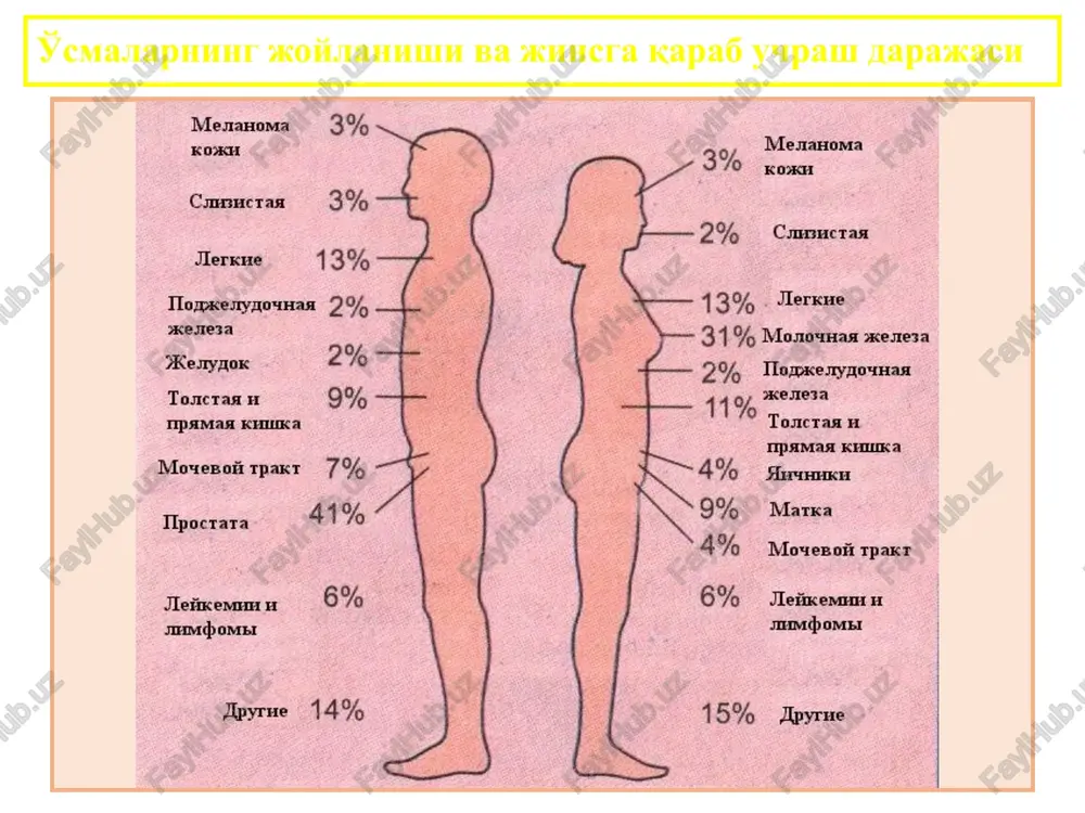 i – xavfli o'sma to'qimasida hujayralarning har xilligi, yadrosining katta-kichikligi, to'q-ochligi, mitozlar ko'pligi metastaz – xavfli o'sma hujayralarining gematogen, limfogen, perinevral va tutashish (kantakt) yo'llari bilan boshqa a'zolarga tarqalishi. limfogen gematogen xavfli o'smalarning metastazlanishi sarkomalar → asosan qon oqimi (gematogen) bilan metastazlanadi. rak → ko'pincha limfa oqimi (limfogen) metastazlanadi. blastomalar → perinevral metastazlanadi. me'da-ichak yo'li raklari ba'zida retrograd yo'l bilan metastazlanishi mumkin. - agar rak ayollarda tuxumdonga metastazlansa – krukenberg metastazi deyiladi. - agar rak yo'g'on ichakga metastazlansa – shnitsler metastazi deyiladi. - agar rak bo'yin soha limfa tugunlariga metastazlansa – virxov metastazlari deyiladi. xavfli o'smalarning xususiyatlari metastaz ayrim xavfli o'smalarda, ya'ni melanoma, xorionkartsinomada darhol paydo bo'ladi va juda tez o'sadi. metastaz ba'zida, masalan: sut bezi rakida 7-10 yildan keyin paydo bo'lishi mumkin. me'da raki o'lchami 1-2 sm bo'lganida, uning jigardagi metastazi 10-20 smgacha kattalashadi. retsidiv – o'sma olib tashlangandan keyin o'z joyidan yoki boshqa joydan qayta o'sib chiqishi.