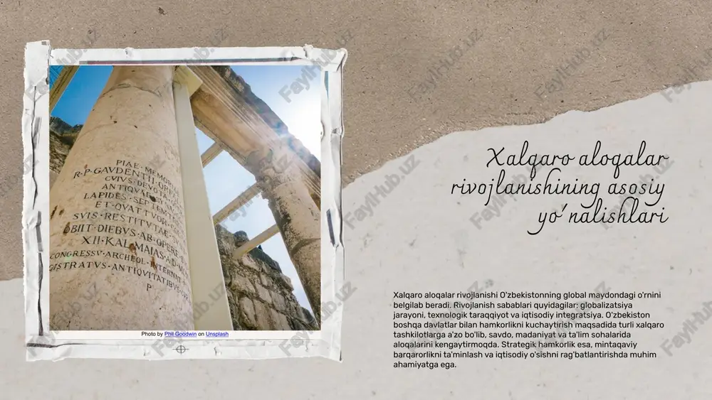 huquqlari va barqaror rivojlanish bo'yicha tashabbuslarni qo'llab-quvvatlaydi. bmt bilan hamkorlik doirasida o'zbekiston turli ijtimoiy va iqtisodiy muammolarni hal qilishda muhim yutuqlarga erishmoqda. o'zbekiston va bmt: hamkorlik va yutuqlar. yevropa ittifoqi bilan iqtisodiy hamkorlik o'zbekistonning iqtisodiy rivojlanishiga katta hissa qo'shmoqda. o'zbekiston va yevropa ittifoqi o'rtasidagi savdo aloqalari kuchayib borayotgani, investitsiyalar va texnologiya transferi orqali iqtisodiy o'sishni rag'batlantirmoqda. osiyo taraqqiyot banki bilan hamkorlik esa muhim investitsiya loyihalarini amalga oshirishga qaratilgan, jumladan transport, energiya va ijtimoiy infratuzilma sohalarida ko'plab loyihalar mavjud. o'zbekiston va boshqa xalqaro tashkilotlar: savdo, madaniyat, va ta'lim sohalaridagi aloqalar. o'zbekistonning xalqaro tashkilotlardagi strategiyalari o'zbekistonning xalqaro tashkilotlardagi strategik maqsadlari mamlakatning global maydondagi o'rnini mustahkamlash, iqtisodiy va siyosiy barqarorligini oshirish, va xalqaro hamkorlikni rivojlantirishdan iborat. bu maqsadlar doirasida, o'zbekiston o'zining tashqi siyosatini yanada diversifikatsiya qilish va yangi imkoniyatlarni izlashga intiladi. hamkorlikni kuchaytirish usullari o'zbekiston xalqaro tashkilotlar bilan hamkorlikni kuchaytirish uchun bir qator usullarni qo'llaydi. bular orasida diplomatik aloqalarni rivojlantirish, ko'p tomonlama muzokaralar …