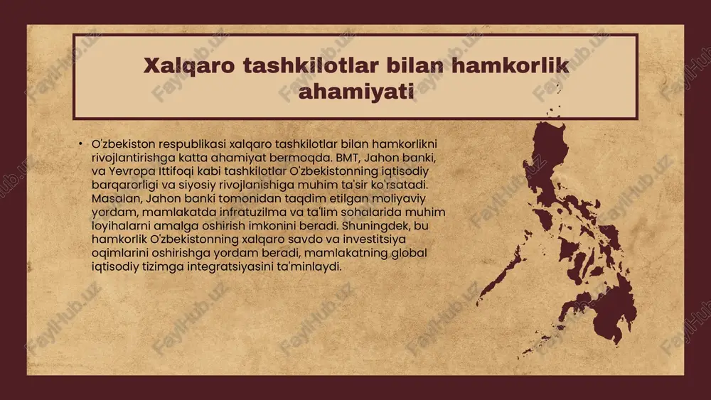 qaro tashkilotlar bilan hamkorligi natijasida iqtisodiy ko'rsatkichlar sezilarli yaxshilandi. mamlakatning yalpi ichki mahsuloti (yim) o'sishi 7% ga yetdi, investitsiyalarni jalb qilish 20% ga oshdi. xalqaro moliya tashkilotlari bilan hamkorlik iqtisodiy barqarorlikni ta'minlashda muhim rol o'ynadi. ijtimoiy rivojlanish o'zgarishlari xalqaro tashkilotlar bilan hamkorlik ijtimoiy rivojlanishda ijobiy o'zgarishlarga olib keldi. ta'lim sohasida bitiruvchilar soni 15% ga oshdi va sog'liqni saqlashda yangi dasturlar boshladi. ijtimoiy himoya tizimining kuchayishi 1 milliondan ortiq odamni qamrab oldi. hamkorlikning kelajak istiqbollari o'zbekistonning xalqaro tashkilotlar bilan hamkorligi kelajakda yangi imkoniyatlar va rivojlanish yo'nalishlarini ochib berishi kutilmoqda. ushbu hamkorlik strategiyalari orqali o'zbekiston global iqtisodiy va siyosiy jarayonlarda faol ishtirok etishi, shuningdek, yangi texnologiyalar va tajribalarni o'zlashtirish imkoniyatiga ega bo'ladi. biroq, bu jarayonda yuzaga kelishi mumkin bo'lgan muammolar, masalan, xalqaro munosabatlardagi o'zgarishlar va global inqirozlar, e'tiborga olinishi zarur. o'zbekistonning xalqaro tashkilotlar bilan hamkorligi, shuningdek, mintaqaviy barqarorlikni ta'minlashda muhim rol o'ynaydi. kelajak istiqbollari quyidagilarni o'z ichiga oladi: - yangi iqtisodiy imkoniyatlar. …