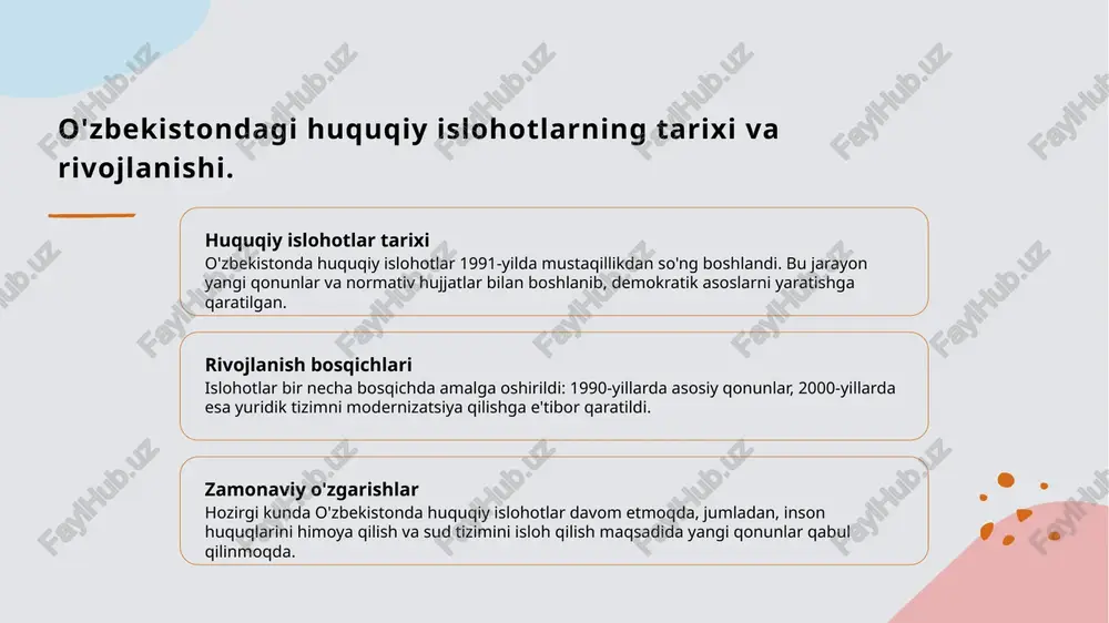 a ishtirokini oshirishga qaratilgan. 3 ayollar ishtiroki - o'zbekistonda ayollar siyosatda faol ishtirok etishlari uchun ko'plab imkoniyatlar yaratildi. masalan, 2020-yildan boshlab, parlamentdagi ayollar ulushi 30% ga yetdi. 4 ijtimoiy ta'sir - gender tengligi va siyosiy islohotlar o'zbekistondagi ijtimoiy o'zgarishlarga olib kelmoqda. bu esa jamiyatda barqarorlik va rivojlanishni ta'minlaydi. o'zbekistonda siyosiy islohotlar va xalq ishtiroki: qiyosiy tahlil. o'zbekistonda siyosiy islohotlar xalqning ishtirokini talab qiladi. islohotlar jarayonida fuqarolarni jalb etish, ularning fikrlarini inobatga olish muhimdir. buning natijasida, demokratik qadriyatlar mustahkamlanadi va barqaror rivojlanish ta'minlanadi. - fuqarolarning o'z fikrini bildirish imkoniyatlari - islohotlar natijasida yangi qonunlar va me'yorlar - xalqaro tajribalar bilan qiyosiy tahlil. photo by engin akyurt on unsplash o'zbekiston madaniyati va huquqiy islohotlarning o'zaro ta'siri. 1 o'zbek madaniyati o'zbek madaniyati, boy tarixiy merosi bilan, huquqiy islohotlar jarayonida muhim rol o'ynaydi, qadriyatlar va an'analarni saqlab qolishga yordam beradi. 2 huquqiy islohotlar huquqiy islohotlar, o'zbekistonda demokratik jamiyatning asosini yaratishda muhim o'rin tutadi, fuqarolar …