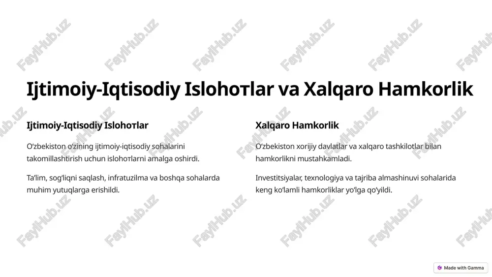 ntirishga intiladi. 9 yurtimizning istiqbolli taraqqiyot yoʻnalishlari 1 iqtisodiy rivoj oʻzbekiston iqtisodiyotni diversifikatsiya qilish, innovatsiyalarni joriy etish va raqobatbardoshlikni oshirishga intilmoqda. 2 ijtimoiy taraqqiyot taʼlim, sogʻliqni saqlash, madaniyat va sport sohalarini rivojlantirish orqali aholi farovonligini oshirish maqsad qilingan. 3 xalqaro hamkorlik oʻzbekiston xalqaro tashkilotlar va xorijiy davlatlar bilan hamkorlikni kengaytirish, investitsiyalarni jalb qilish va savdo-sotiqni rivojlantirishga qaratilgan siyosat olib boradi. 10 image-1002-1.png image-1-1.png image-1003-1.png image-2-1.png image-1004-1.png image-1005-1.png image-4-1.png image-4-2.png image-4-3.png image-4-4.png image-1006-1.png image-5-1.png image-1007-1.png image-6-1.png image-1008-1.png image-7-1.png image-1009-1.png image-8-1.png image-8-2.png image-8-3.png image-8-4.png image-1010-1.png image-9-1.png image-9-2.png image-9-3.png image-1011-1.png image-10-1.png