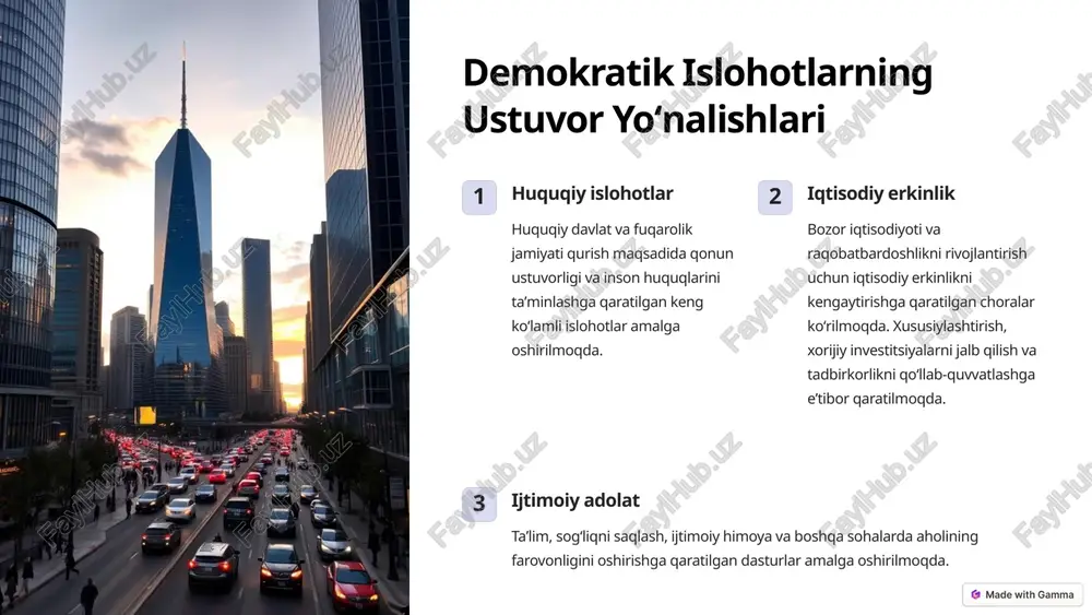 y, siyosiy va madaniy aloqalarni rivojlantirishga katta eʼtibor qaratmoqda. 3 kelishuvlar oʻzbekiston yevropa ittifoqi bilan 3 ta strategik hamkorlik kelishuvi imzolagan boʻlib, bu ikki tomonlama munosabatlarni yanada mustahkamlashga xizmat qiladi. 100m investitsiyalar oʻzbekiston yevropa davlatlaridan 100 milliondan ortiq dollar miqdorida investitsiyalarni jalb qildi. 9 umumbashariy qadriyatlar va ularga muvofiq yangi taraqqiyot 10 image-1002-1.png image-1-1.png image-1003-1.png image-1004-1.png image-3-1.png image-1005-1.png image-4-1.png image-4-2.png image-4-3.png image-4-4.png image-1006-1.png image-5-1.png image-1007-1.png image-6-1.png image-6-2.png image-6-3.png image-6-4.png image-1008-1.png image-7-1.png image-1009-1.png image-8-1.png image-8-2.png image-8-3.png image-8-4.png image-1010-1.png image-9-1.png image-1011-1.png image-10-1.png image-10-2.png image-10-3.png image-10-4.png