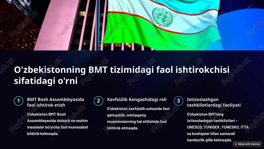 ston g'arbiy osiyo davlatlari bilan iqtisodiy, savdo-investitsiya, madaniy-gumanitar sohalarida samarali hamkorlikni yo'lga qo'ymoqda. mintaqaviy barqarorlik o'zbekiston g'arbiy osiyoda xavfsizlik, barqarorlik va yaxshi qo'shnichilik munosabatlarini mustahkamlashga katta e'tibor bermoqda. 9 yangi o'zbekistonning xalqaro miqyosdagi taraqqiyot manzaralari 1 buyuk ipak yo'lining tiklanishi 2 iqtisodiy islohot va yangilanish 3 siyosiy barqarorlik va demokratik o'zgarishlar 4 xalqaro hamkorlikning chuqurlashuvi 5 yangi o'zbekistonning jahon maydonidagi nufuzi 10 image-1002-1.png image-1002-2.png image-1-1.png image-1-2.png image-1003-1.png image-1003-2.png image-1004-1.png image-1004-2.png image-3-1.png image-1005-1.png image-1005-2.png image-4-1.png image-1006-1.png image-1006-2.png image-5-1.png image-1007-1.png image-1007-2.png image-6-1.png image-6-2.png image-6-3.png image-6-4.png image-1008-1.png image-1008-2.png image-7-1.png image-7-2.png image-7-3.png image-7-4.png image-7-5.png image-1009-1.png image-1009-2.png image-8-1.png image-1010-1.png image-1010-2.png image-9-1.png image-9-2.png image-9-3.png image-9-4.png image-1011-1.png image-1011-2.png