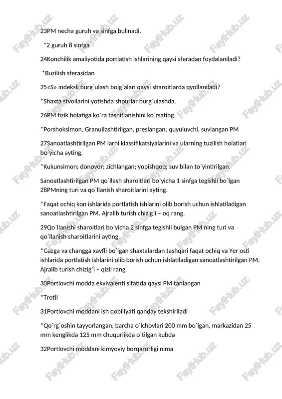 ligi 34eng qisqa qarshilik masofasi nima *zaryad markazidan ochiq yuzagacha bo`lgan eng qisqa masofa 35kim portlatish ishlarini olib borish xuquqini beruvchi ruxsatnoma beradi? *davlat kon-texnik inspektsiyasi; 36kim pm larni sotib olish yoki tashish guvohnomasini beradi? *davlat kon-texnik inspektsiyasi; 37portlatilayotgan ob`ektga pm ni joylashtirish (o`rnatish) usuliga asoslangan tasniflanishni ko`rsating. *tashqi va ichki; 38tashqi zaryad deb *portlatilayotgan ob`ektning tashqi sirtiga joylashtirilgan zaryadga aytiladi; 39pm tarkibiga tuz nima uchun kiritiladi *portlashdagi uchqunni so`ndirish uchun 40kislorod balansi deganda nima tushuniladi *pm tarkibida kislorodni ortishi, etmasligi yoki teng bo`lishi 41olovli portlatish vositalari nimalardan iborat *kd, osh, yondirish vositalari 42olovli burg`ulashda olovni tezligi qancha bo`ladi *2000 m/s 43qanaqangi portlatish usullarini bilasiz *shpurli, skvajinali, transheyali, qozonli, kamerali zaryadlar bilan 44qaysi portlovchi moddalar birlamchi qo`zg`atuvchi potlovchi moddalarga mansub *gremuchaya rtut’, azid svintsa, tnrs 45qaysi portlovchi moddalar ikkilamchi qo`zg`atuvchi potlovchi moddalarga mansub *tetril, ten, geksogen 46ammiak selitrali portlovchi moddalar uchun namlik darajasi necha foizdan oshmasligi kerak *0,5% 47elektrolovli portlatish …