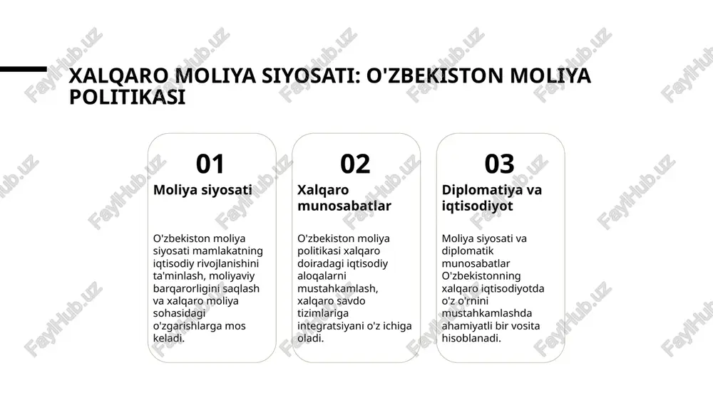 sohasidagi siyosatlar, iqtisodiy qonuniyat, valyuta munosabatlari va moliyaviy ko'maklar haqida tushuncha beradi. iqtisodiy diplomatiya va moliyaviy munosabatlar iqtisodiy diplomatiya va moliyaviy munosabatlar global savdo, investitsiyalar, va moliyaviy siyosatlar orqali davlatlar o'rtasidagi moliyaviy munosabatlar va sohalarni o'z ichiga oladi. bu munosabatlar mamlakatlar o'rtasidagi siyosiy va iqtisodiy aloqalarni kuchaytiradi. photo by jievani weerasinghe on unsplash moliya barqarorligi va xalqaro iqtisodiyot 1 moliya tizimi moliya barqarorligi, xalqaro iqtisodiyotda moliya tizimining muhim roli va istiqbollari haqida o'zaro munosabatlar. 2 xalqaro valyuta munosabatlari xalqaro iqtisodiyotda valyuta almashishining moliya barqarorligi va xalqaro iqtisodiyotga ta'siri to'g'risida tushuncha. 3 investitsiyalar va rivojlanish moliya barqarorligining xalqaro iqtisodiyotdagi investitsiyalar va rivojlanishga o'tkazgan ta'siri va o'zaro bog'liqligi. 4 xalqaro moliya institutlarining roli xalqaro iqtisodiyotda xalqaro moliya institutlarining moliya barqarorligi va xalqaro iqtisodiyotga ta'siri va ahamiyati. moliya siyosati va iqtisodiy munosabatlar o'zaro aloqasi moliya siyosati iqtisodiy munosabatlar o'zaro aloqa moliya siyosati davlatlar o'rtasidagi moliyaviy munosabatlar va moliya sohasidagi qonunchilikni amalga oshiruvchi siyosat …