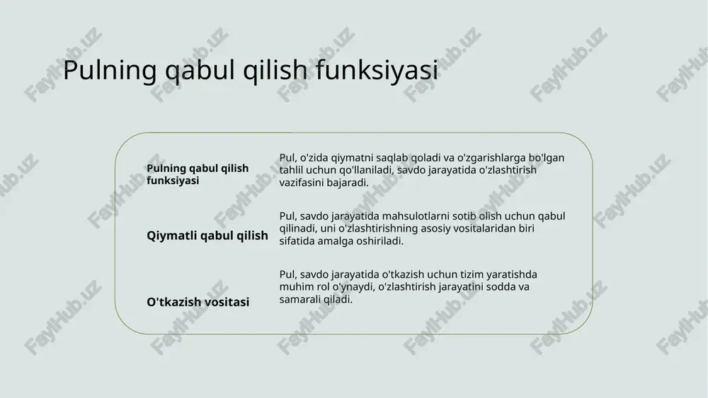 cha qiymatlar bilan almashinuvda ishlatiladi. 2 pulning moliyalashtirish funksiyasi pulning hisob-kitobda moliyalashtirish funksiyasi, pulni moliyalashtirish, qiymatini saqlab turish va muddatli to'lash uchun ishlatiladi. 3 pulning adabiyot funksiyasi pulning hisob-kitobda adabiyot funksiyasi, pulni o'zlashtirish va boshqa moliyalashtirish jarayonlarini tushuntirishda ishlatiladi. pulning hisob-kitobda tashxis pulning tashxisi pulning qiymatini aniqlash vaqtida tushuncha. bu pulning sifatini, miqdorini va qulayliklarini aniqlash jarayoni. pulning qo'llab-quvvatlashi pulning o'zlashtirilish jarayonida qo'llab-quvvatlovchi funksiyasi. bu pulning o'ziga xos qulayliklarni saqlashda ahamiyatli ahamiyatga ega. pulning tushunchasi pulning hisob-kitobda tashxisi, moliyaning o'ziga xos qiymati va roli haqida tushuncha. bu pulning xarajatlar va daromadlar bilan bog'lanishini aks ettiradi. xulosa asosiy tushunchalar keling, pulning funktsiyalari, shu jumladan uning ayirboshlash vositasi, qiymatni saqlash va hisob birligi sifatidagi roli haqida muhokama qilingan asosiy g'oyalarni qayta ko'rib chiqaylik. moliyaviy tizimlarning ahamiyati pul operatsiyalarini va iqtisodlarning umumiy ishlashini osonlashtirishda moliyaviy tizimlarning ahamiyatini tushunish iqtisodiy barqarorlik va o'sish uchun juda muhimdir.. kelajakdagi oqibatlari muhokama qilingan pul funktsiyalarining oqibatlari haqida …