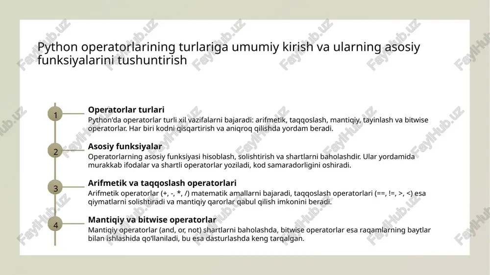 shiradi. foydalanilgan adabiyotlar 1. bekchanov, a. python dasturlash tilida operatorlar va ularning ishlash prinsiplari. o'zbekiston texnik institutlari jurnali, 2020. 2. qodirov, s. python operatorlari va ularning funktsional ishlatilishi. o‘zbekiston informatika va texnologiyalar gazetasi, 2021. 3. yusupov, m. python dasturlash tilida operatorlar va ularning turlari. toshkent davlat universiteti matbuoti, 2019. 4. komilov, a. arifmetik va mantiqiy operatorlarning python tilida ishlash prinsiplari. o'zbekiston respublikasi ilmiy jurnali, 2022. 5. hasanov, d. python operatorlari va kod yozishda qo‘llanilishi. o'zbekiston informatika va kompyuter ilmlari akademiyasi, 2020. e'tiboringiz uchun rahmat! /docprops/thumbnail.jpeg
