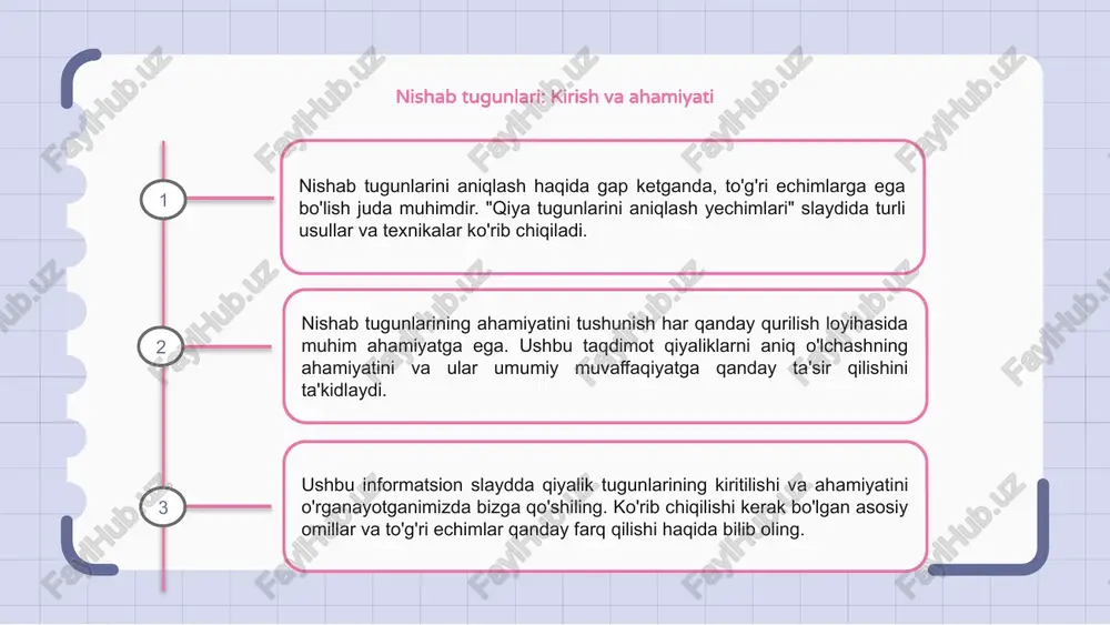 digan aniq joylarni aniqlashga yordam beradi. umuman olganda, qiyalik tugunlarini vizualizatsiya qilish uchun grafiklardan foydalanish ma'lum ma'lumotlar to'plamidagi qiyalik o'zgarishlarini aniqlash va tahlil qilish jarayonini soddalashtiradigan amaliy va samarali usuldir. 1 2 3 nishab tugunini aniqlashda turli yondashuvlarni solishtirish nishab tugunlarini aniqlash haqida gap ketganda, taqqoslash uchun turli xil yondashuvlar mavjud. har bir usul o'zining noyob afzalliklari va kamchiliklarini taklif qiladi. keng tarqalgan yondashuvlardan biri chiziq qiyaligi o'zgargan nuqtalarni aniqlash uchun regressiya tahlilidan foydalanishdir. bu usul qiyalik tugunlarini aniqlashning matematik yechimini beradi. yana bir usul nishabdagi keskin o'zgarishlarni aniqlash uchun ma'lumotlarni vizual tekshirishni o'z ichiga oladi. ushbu yondashuv ko'proq intuitiv bo'lishi mumkin bo'lsa-da, u sub'ektiv va kamroq aniq bo'lishi mumkin. nishab tugunlari tahlilining amaliy qo'llanilishi nishab tugunlarini aniqlash haqida gap ketganda, jarayonni soddalashtirishga yordam beradigan turli xil echimlar mavjud. ushbu echimlar qiyalik tugunlari ma'lumotlarini yanada samarali tahlil qilish imkonini beruvchi amaliy ilovalarni taklif qiladi. ushbu vositalardan foydalangan holda, odamlar qiyalik …