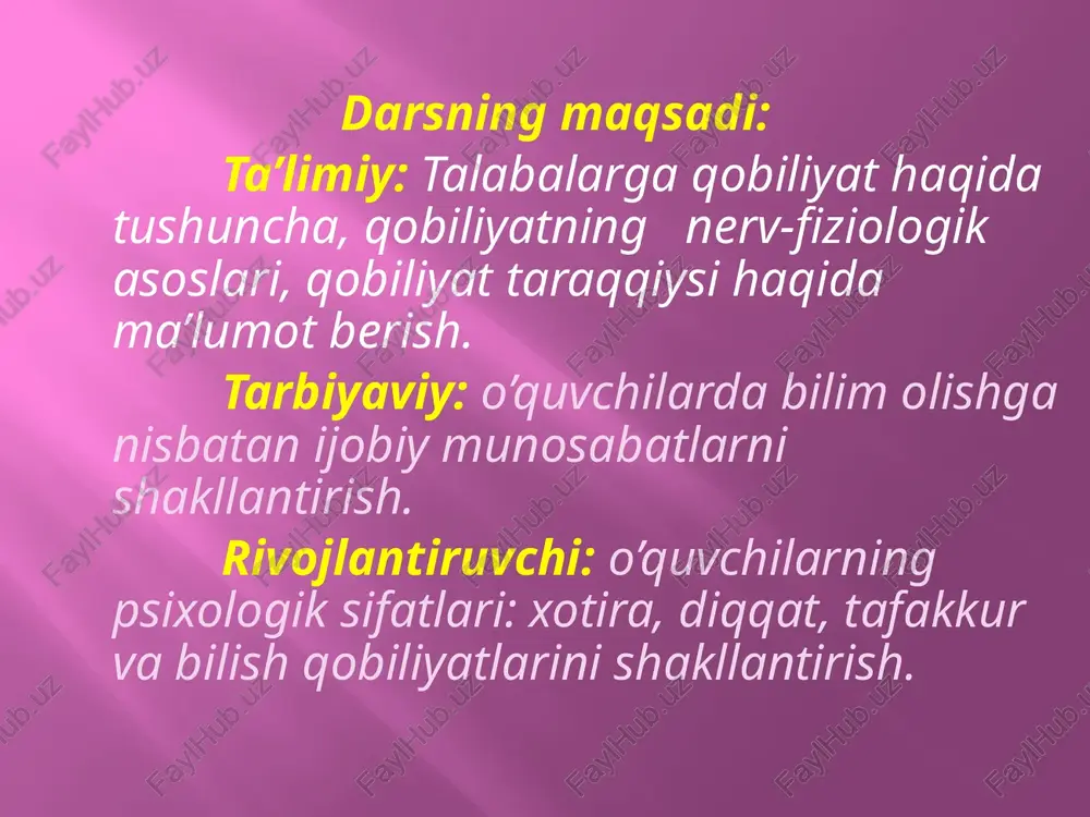 dinamikasida nomoyon bo`ladi, ya`ni, boshqacha qilib aytganda, mazkur faoliyat uchun zarur bo`lgan bilim, ko`nikma va malakalarni o`zlashtirish jarayoni turli sharoitlarda qanchalik tez, chuqur, yengil va mustahkam amalga oshirilishida nomoyon bo`ladi. qobiliyatlar faqat faoliyatda xuddi mana shu erda yuzaga chiqadigan farqlar qobiliyatlar bizga haqida gapirish imkonini beradi. shunday qilib, qobiliyatlar shaxsning faoliyatini muvaffaqiyatli amalga oshirish sharti hisoblangan va bilim, ko`nikma hamda malakalarni egallash dinamikasida yuzaga chiqadigan farqlarda nomoyon bo`ladigan individual-psixologik xususiyatidir. qobiliyatlar faqat faoliyatda nomoyon bo`ladi. idrok etish paytida,masalan, ranglarning tovlanishidagi nozik farqlar, predmetlarning aniq ko`rinishi, proportsional nisbatlarni tushunish (rassomlar ishida), absolyut eshitish (musiqa bilan shug`ullanishda) va hokozolarda ayon bo`ladi. yozuvchi ixtirochining mehnatida ayniqsa zarur bo`ladigan ijodiy xayol ham qobiliyatlar uchun katta ahamiyatga ega. qobiliyatlarning sifat va miqdor xarakteristikasi qobiliyatlar individual-psixologik xususiyatlar sifatida xarakterlanadi, ya`ni bir odamning boshqa odamdan farq qiladigan sifatlarini ochib beradi. o`z-o`zida ma`lumki kishilar teng emas. mana shuning uchun qobiliyatlar haqida gapirganda, bu farqlarni xarakterlab o`tish zarur. ular …