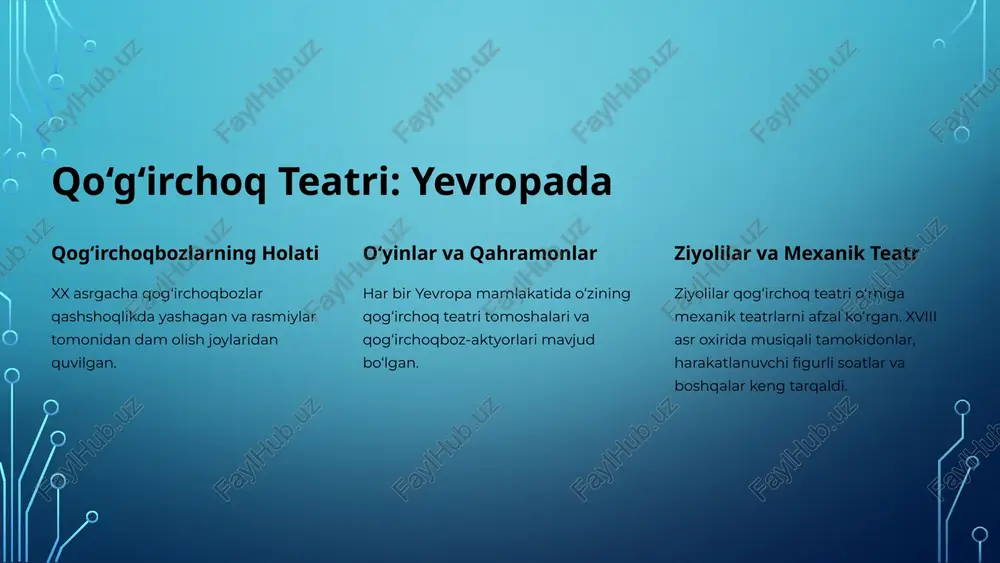 o‘g‘ri”, “yolg‘on do‘st”. 8 qo‘g‘irchoq teatri: o‘yin va tarbiya 1 o‘ziga xoslik bolalar o‘yin vaqtida o‘zini bemalol va erkin xis qiladi. 2 samarali vosita ta’limiy mashg‘ulotlar, ertak tomoshalari, qo‘g‘irchoq o‘yinlari bolalarda axloqiy-estetik sifatlarini shakllantirishga xizmat qiladi. 3 qo‘g‘irchoq teatrining ahamiyati qo‘g‘irchoq teatri bolalarni yuksak “ma'naviy”, “axloqiy”, “madaniy”, “estetik” tushunchalarni mazmun va mohiyatini ularning qalbiga, ongiga singdirishga yordam beradi. 9 qo‘g‘irchoq teatri: kelajak uchun qo‘g‘irchoq teatri bolalarning badiy rivojlanishiga imkon beradi. u bolalarning ongiga yaxshilik, axloq, go‘zallik va madaniyat tushunchalarini singdirishda muhim rol o‘ynaydi. ushbu san’at turi kelajak avlodlarning ma’naviy va ijodiy rivojlanishiga katta hissa qo‘shish imkoniyatiga ega. 10 image3.png image4.png image5.png image6.png image7.png image8.png image9.png image10.png image11.png image12.png image13.png image14.png image15.png image16.png image17.png image2.png