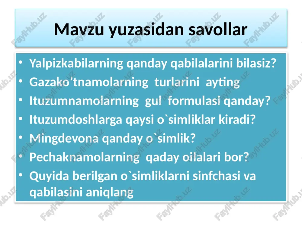 a mansub 13 ta tur o’sadi. oilaga asosan ko’p yillik o’t o’simliklar kiradi. gullari aktinomorf yoki zigomorf, gultojisi qo’ng’iroqsimon, gulkosachasi 5 bo’lakli, changchisi 5 ta, mevasi ko’sak yoki rezavor. oila vakillari yer yuzida keng tarqalgan. qo’n’g’iroqgul -companula turkumining o’zbekistonda 6 turi o’sadi. ular asosan tog’larda o’sadi. oila vakillari manzarali o’simlik sifatida juda qadrlanadi. oilaning ko’zagul (ostrovskia magnifica) turi kamyob o’simlik sifatida o’zbekiston respublikasi "qizil kitob"iga kiritilgan. bu oila vakillaridan dorivor, manzarali, efir moyli o’simlik sifatida keng foydalanish mumkin. qoqio’tnamolar-asterales qabilasi. bu qabilaga 1 ta qoqio’tdoshlar oilasi kiradi. qoqio’tdoshlar-asteraceae (murakkabguldoshlar-compositae) oilasi. bu eng katta oila bo’lib, unga 1300 ga yaqin turkumga mansub 25 000 tur kiradi. o’zbekistonda 121 turkumga mansub 566 turi uchraydi. hayotiy shakliga ko’ra oilada bir va ko’p yillik o’tlar ustunlik qiladi. daraxt, buta va lianalar niqoyatda kam uchraydi. gullari savatchalarda o’rnashgan. bu oila vakillari gul tuzilishiga qarab 2 ta oilachaga bo’linadi. ayrim adabiyotlarda 4 ta oilachaga bo’linadi. 1.sutcho’pdoshlar …