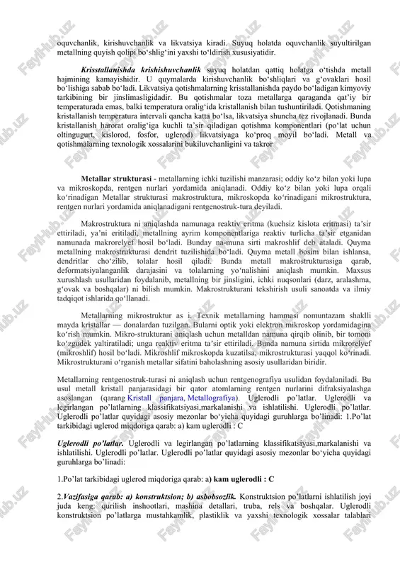 x miqdori kamaygan sari qotishmaning plastikligi ortib boradi. eng plastik jez a — latundir. tarkibida 45% dan ortiq rux boʻlgan jezlar juda qattiq va moʻrt boʻlganligidan texnikada ishlatilmaydi. jezning xossalarini yanada yaxshilash uchun alyuminiy, qalayi, temir, marganets, nikel, kremniy, qoʻrgʻoshin va b. elementlar (hammasi boʻlib 10% gacha) qoʻshiladi. shunda koʻp aralashmali (maxsus) jez hosil boʻladi. tarkibida chamasi 15% rux va 0,5% alyuminiy boʻlgan jez tillarang boʻlgani uchun undan zargarlik va bezak buyumlari tayyorlanadi. tarkibida 1,5% gacha qalayi boʻlgan jez dengiz latuni deyilib, dengiz suviga chidamli boʻlgani uchun kemalarga ishlatiladi, 3% gacha qoʻrgʻoshin qoʻshilgan jez (qarang avtomat latuni) avtomobil va soatsozlikda qoʻllanadi. jez deformatsiyabop va quymabop xillarga boʻlinadi. deformatsiyabop jezdan quvurlar, list, tasma, chiviq va b. prokatlanadi, quymabop jezdan esa armaturalar, antifriksion detallar, podshipnik vtulkalari va b. quyiladi. j. umumiy mashinasozlikda, asbobsozlikda, issiqlik texnikasi va b. sohalarda ishlatiladi.[1] melxior (frans. ixtirochilari mayo va shorye nomidan) — misning nikel, temir va marganets …
