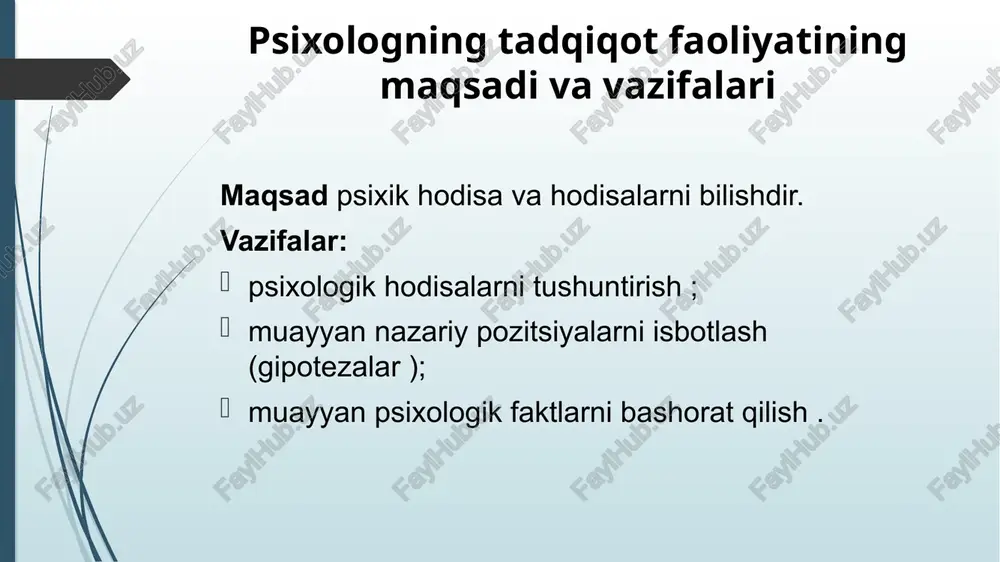 a'lum usullar va usullar tizimi; b) bu tizim haqidagi ta'limot, uslubning umumiy nazariyasi, harakatdagi nazariya. metodologiya : olim yoki amaliyotchi haqiqiy natijaga erishish uchun qanday harakat qilish kerakligini o'rgatadi; ichki mexanizmlarni, harakat mantig'ini va bilimlarni tashkil qilishni o'rganadi; bilimlarning faoliyat ko'rsatishi va o'zgarishi qonuniyatlarini ochib beradi; fanning tushuntirish sxemalarini o'rganadi va hokazo. ilmiy psixologik-pedagogik tadqiqot metodologiyasi, metodlari va usullari o'rtasidagi bog'liqlik v.s tomonidan taklif qilingan fanlar tasnifiga ko'ra. lednev, metodologiya amaliy fanlarni anglatadi metodologiya darajalari ( a.g. asmolov bo'yicha ) falsafiy metodologiya darajasi; umumiy ilmiy tamoyillar metodologiyasi darajasi tadqiqot; maxsus ilmiy metodologiya darajasi; usul va texnikalar darajasi tadqiqot psixologik-pedagogik tadqiqot usullarining tasnifi a.g. ananyevning so'zlariga ko'ra : tashkiliy usullar : qiyosiy usul turli guruhlarni yoshi, faolligi va boshqalar bo'yicha taqqoslash sifatida; uzunlamasına - uzoq vaqt davomida bir xil shaxslarning takroriy tekshiruvlari sifatida; kompleks - turli fanlar vakillarining bir ob'ektni o'rganishi sifatida. empiriklarga: kuzatish usullari (kuzatish va o'z-o'zini kuzatish); tajriba (laboratoriya, …