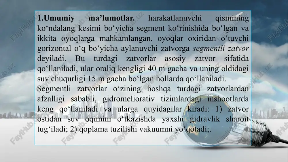 g uzunligiga nisbatan aylana shaklidagi simto‘r tirqishlarining diametrlari avankamera - suv uzatish kanalidan suvni qabul qilib, uni suv qabul qiluvchi nasos kameralariga uzatuvchi inshootdir. avankamera tuzilishi jihatidan bar vaqtda kengayib va pastga tushib boradigan ochiq kanal ko‘rinishida bo‘lib, asosiy vazifasi - nasos agregatlari so‘rish quvurlariga suvni bir xil tekis miqdorda yetkazib berishdir. suv uzatish kanalining o‘qiga nisbata har ikki tomonga 22,5o burchak ostida kengayib boradi. suv qabul qiluvchi nasos kameralari – avankameradagi suvni bir tekisda qabul qilib so‘rish quvurlariga uzatadi. nasos agregatlarining so‘rish qobiliyati, uning kavitatsion hususiyatlari, hamda suv yetkazib berish inshootidagi suv sathi o‘zgarishini hisobga olib loyha qilinadi. inshoot o‘lchamlari, so‘rish jarayoning normal holatda o‘tishini ta’minlashi zarur. so‘rish (uzatish) quvurlari – nasos kameralaridagi suvni nasos yorda-mida so‘rib-ko‘tarib, bosimli quvurga uzatadi. so‘rish quvurlari har bir nasos agregatiga bir donadan bo‘lishi yoki umumiy suv olish kollektoriga ulanishi mumkin. ularni suv sathiga nisbatan o‘rnatishda, nasos kameralari tubidagi loyqalarni so‘rmasligini hamda suv yuzasida …