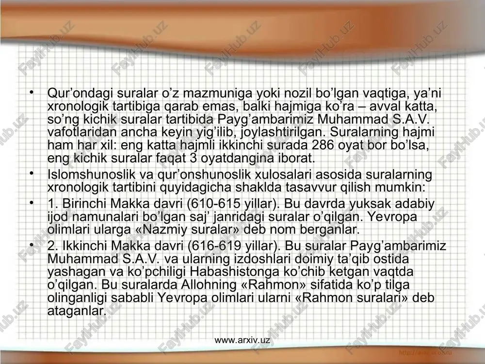 voqealari) bo’lib o’tdi. ushbu janglarda qur’onni to’liq yod olgan muqri’lar (qorilar) ko’plab shahid bo’ldilar. shunda bo’lajak xalifa umar ibn al-xattob (634-644) abu bakrga: «barcha qorilar shu zaylda o’lib ketaversa, qur’on nuqsonli bo’lib qolishi mumkin, shu sababli uni jamlab kitob holiga keltirish zarur», - degan maslahatini beradi. avvaliga abu bakr ikkilanib turadi, chunki bu ish payg’ambarimiz muhammad s.a.v. hayotlik paytlarida qilinmagan edi. bu hol bid’at deb qabul qilinishi mumkin edi. keyinroq abu bakr ham qur’onni kitob shakliga keltirib qo’yish zarurligini anglab yetdi va zayd ibn sobit ismli sahobani chaqirib bu ishni unga topshiradi. shunday qilib, zayd va boshqa qorilar mashaqqatli urinishlardan keyin qur’onni kiyik terisidan bo’lgan sahifalarga yozib chiqdilar va bog’lab abu bakrning uyida saqlab qo’ydilar. bu jamlanma keyinchalik «as-suhuf al-bakriya» – «abu bakr sahifalari» deb nomlandi. abu bakr olamdan o’tgandan keyin jamlanma umar ibn al-xattob uyiga, u olamdan o’tgandan so’ng, uning qizi – payg’ambar ayoli hafsada qoldi. www.arxiv.uz www.arxiv.uz vaqt …