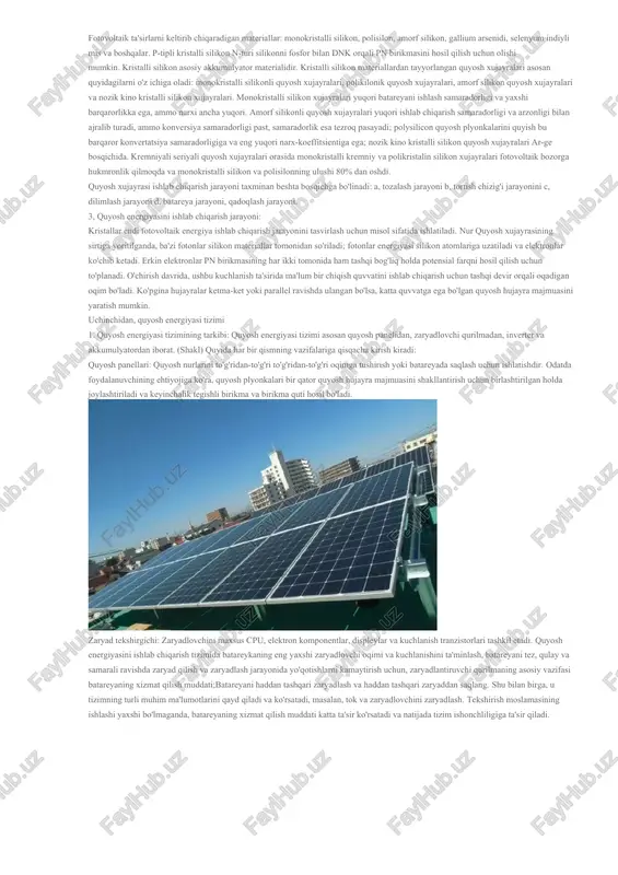 ini ishlatishda foydalanmoqda. so‘nggi yillarda mahsulotlarimizdan biznes maqsadlarida foydalanuvchi korporativ mijozlar safi ham kengayib bormoqda. ma’lumki, energiyani uzoq masofaga yetkazib berishda energiya sarfi va texnik uzilishlar ehtimoli ortadi. bunday sharoitda alohida ishlovchi energiya manbalari yaxshi samara beradi. “solar energy products” mahsulotlari ham markaziy energiya ta’minotidan uzoqda joylashgan qishloq vrachlik punktlari, fermer xo‘jaliklari, maishiy xizmat sub’ektlari va xonadonlarda keng foydalanilmoqda. bu aholini elektr va issiqlik manbai bilan ta’minlash, tabiiy zaxiralarni tejash imkonini bermoqda. masalan, korxonada ishlab chiqarilayotgan mujassamlashgan fotoelektrik qurilma soatiga bir yo‘la 170 vatt elektr energiyasi va 60 darajagacha issiqlikdagi 20 litr suv olish imkonini beradi. suv ko‘tarish uskunasi suv tanqis bo‘lgan hududlar aholisi uchun qo‘l keladi. 2013-yilda farg‘ona vodiysi va qashqadaryo viloyatidagi qator fermer xo‘jaliklariga ana shunday qurilmalar yetkazib berildi. – bahorda hovlimizga quyosh paneli o‘rnatgan edik, – deydi surxondaryo viloyatining sariosiyo tumanida yashovchi eshmurod hamdamov. – shundan beri elektr ta’minotida uzilish bo‘lgani yo‘q. bu har bir oila uchun …