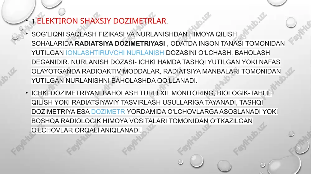 55% ni tashkil qiladi. taxminlarga koʻra, radon qoʻshma shtatlardagi oʻpka saratonining 10% iga sabab boʻladi. radioaktiv zararlanish sharoitida aholi ovqatlanishini tashkillashtirish. ifloslangan hududlardagi aholining optimal ovqatlanishini tashkil etish ratsional ovqatlanishning asosiy talablari asosida atrof-muhit sharoitlari va elementar adaptatsiyaning asosiy yo‘nalishlaridan kelib chiqqan holda bajarilishi lozim. ifloslangan hududlardagi bolalar va kattalarning ovqatlanish ratsionining asosiy qoidalarini bajarish quyidagilardan iborat: • oqsillar ulushini asosan hayvonlardan olingan oqsillar hisobiga ratsion kaloriyaliligining 15 foizigacha ko‘paytirish (ular umumiy oqsil tushishining 60 foizini tashkil etishi lozim); • yog‘ tushishi ratsion kaloriyaliligining 30 foizigacha cheklab qo‘yilishini o‘simlikyog‘lari miqdorini umumiy yog‘ tushishining 30 foizigacha kamaytirish hisobidan amalga oshirilishi (bu ratsiondagi ptyok pasayishiga olib keladi); • ratsiondagi antioksidant vitaminlar: e, s, a vitaminlari, p - karotin, bioflavonoidlar miqdorini yoshga oid me’yorlarga nisbatan 20 - 50 foizgacha oshirish; • ovqat tolalari miqdorini 20 - 30 foizgacha oshirish; • mineral moddalar: kalsiy, kaliy, yod, magniy, temir, selen oshiqcha tushishini ta’minlash; aholini tavsiya …