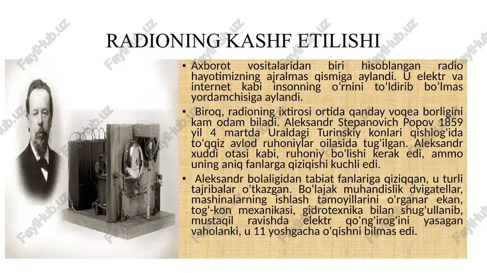 an ikkinchisiga taxminan 250 m masofada qabul qilishni namoyish etdi: "genrix gers". buyuk ixtirochi o'z radiogrammasida elektromagnit to'lqinlarni dunyoda birinchi bo'lib kuzatgan odamni abadiylashtirdi. 1899 yil noyabr oyida "general-admiral apraksin" jangovar kemasi gogland oroli yaqinida qirg'oqqa tushganida, popov dengiz floti vazirligi topshirig'iga binoan dunyodagi birinchi amaliy radio aloqasini tashkil qildi. birinchi radiostansiya «o‘zbekiston teleradiosi taraqqiyot solnomasi» nomli kitobda qayd etilishicha, 1915 yili toshkent teleradiosientda markaziy osiyodagi birinchi kuchli qabul qiluvchi va uzatuvchi radiostansiya ishga tushirilgan. toshkent shahrining hozirgi farg’ona yo’li ko’chasida joylashgan1-son radiostansiyasining 1915yilgi va bugungi kundagi ko’rinishi. fotosurat “o’zbekiston teleradiosi taraqqiyot solnomasi” kitobidan olindi. radiolar bu radiostansiya yordamida birinchi radiogramma 1915 yili olingan bo‘lib, u moskvadan toshkentga poyezd yo‘lga chiqqani haqidagi xabar edi. aynan shu inshoot o‘zbekistonda simli tarmoqning yaratilish manbaiga aylangan. u keyinchalik yer usti radioeshittirish va teleko‘rsatuvlar bilan ta’minlangan ilk radioaloqa inshooti bo‘lib hisoblangan. 1920 yili samarqand, buxoro, xiva va farg‘ona shaharlarida radioaloqa vositalari ishga tushirilgan. 1925 …