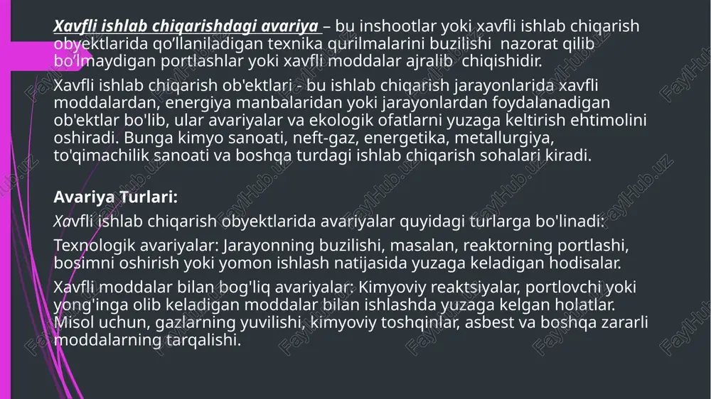 irlar to‘g‘risida”gi qaroriga (o‘zbekiston respublikasi qonun hujjatlari to‘plami, 2011-y., 19-son, 191-modda) muvofiq, xavfli ishlab chiqarish obyektlarida avariyalarni texnik jihatdan tekshirish tartibini belgilaydi.iradi.evralda ro‘yxatdan o‘tkazildi, ro‘yxat raqami 2558] xavfli ishlab chiqarish obyektlaridagi inshootlar va (yoki) xavfli ishlab chiqarish obyektlarida qo‘llaniladigan texnika qurilmalarining buzilishi, nazorat qilib bo‘lmaydigan portlash va (yoki) xavfli moddalar ajralib chiqishi bilan bog‘liq avariyalar texnik jihatdan tekshirilishi shart. mazkur nizom o‘zbekiston respublikasining “xavfli ishlab chiqarish obyektlarining sanoat xavfsizligi to‘g‘risida”gi qonuni (o‘zbekiston respublikasi qonun hujjatlari to‘plami, 2006-y., 39-son, 386-modda) hamda o‘zbekiston respublikasi vazirlar mahkamasining 2011-yil 11-maydagi 131-sonli “o‘zbekiston respublikasi vazirlar mahkamasi huzuridagi yer qa’rini geologik o‘rganish, sanoatda, konchilikda va kommunal-maishiy sektorda ishlarning bexatar olib borilishini nazorat qilish davlat inspeksiyasi tuzilmasini yanada takomillashtirishga doir chora-tadbirlar to‘g‘risida”gi qaroriga (o‘zbekiston respublikasi qonun hujjatlari to‘plami, 2011-y., 19-son, 191-modda) muvofiq, xavfli ishlab chiqarish obyektlarida avariyalarni texnik jihatdan tekshirish tartibini belgilaydi. texnik xavfsizlik choralarini amalga oshirish: uskenalar va ishlab chiqarish tizimlarining muntazam tekshiruvlari, texnik xizmat ko‘rsatish …