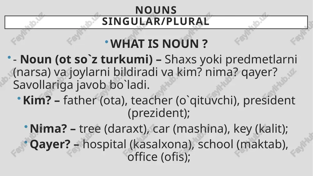 shlatiladimi ???) in english, there must always be a verb in a sentence. but in some sentences, it seems like there is no verb and in that cases to be helps us to make a sentence. ingliz tilida gapda har doim fe`l bo`lishi kerak. lekin ba`zi gaplarda fe`l ko`rinmaydi (yo`qqa o`xshaydi). shunday holatlarda to be fe`li yordam beradi (fe`l vazifasini bajarib beradi). misol uchun: men ishga boraman – ….. men doktorman – ….. conclusion (xulosa): gapda fe`l bo`lsa, to be ni ishlatish shart emas, o`sha fe`lning o`zi bilan gap tuziladi. lekin, gapda fe`l ko`rinmasa, to be fe`lini ishlatish lozim. exercises for yourself biz ertalab 7 da turamiz – (get up – turmoq, in the morning - ertalab) biz xursandmiz – (happy - xursand) men har kuni futbol o`ynayman – (every day – har kuni) men chiroyliman – (beautiful - chiroyli) bolalar muzqaymoqni yoqtirishadi – (ice cream - muzqaymoq) bolalar xafa …