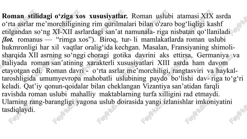 r, katta ustunlar qatori sokin ulug‘vorlik va harakatsizlik taassurotini beradi. roman me’morchiligida rim an’analariga xos yarimsirkul arkalar, ustunlar va kolonnalar qatori qo‘llaniladi. cherkov qurilishida ulkan inshootlami yoritish tizimi va neflar oralig‘ini yopish me’morlar oldida turgan murakkab vazifa bo‘lgan. bazilikalarda qomlaniluvchi yog‘och to‘sinlar orqali tom yopish o‘ta sodda va tez yonuvchan edi. rimliklaming gumbaz yopish uslubi esa yo‘qolib ketgan ulkan texnik bilim, murakkab hisob-kitoblami talab qilardi. shuning uchun xi - xii asrlar me’morchiligi turli tajribalar davri sifatida belgilanadi. keng markaziy nefni gumbaz bilan yopish, toshning og‘irligini ko‘tarib turish maqsadida yanada qalin devorlar va pilonlar bunyod etildi, devorlar oralig‘idagi masofa torayib bordi. natijada ulkan tosh massasi tunnelli gumbazlar effektini paydo qildi. image1.png image2.png image3.jpeg image4.jpeg /docprops/thumbnail.jpeg