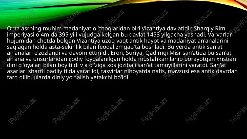 xizmat qilgan. rangtasvir vizantiya tasviriy san’atida yetakchi o ‘rinni egallab, o ‘zining gullagan davrini boshidan kechirdi, haykaltaroshlik esa o ‘z mavqeini yo'qotib, bu davrda ko‘proq bo‘rtma tasvir asarlari yaratildi. rangtasvirga xos xususiyat: badiiy tilning shartlili, yassi siluetli, yorqin qizil-pushti, ko‘k, yashil, oltin ranglar mutanosib uyg'unlashdi. ravennadagi mozaikalar (v-vii asrlar) vizantiya san’atining nodir namunasi hisoblanadi. malika galla plasidiya maqbarasi mozaikalaridagi jannat bog‘i va undagi hayot, san vitale cherkovidagi imperator yustinian va uning oilasi a’zolari tasviri rang tizimining nafisligi va yuksak mahorat bilan ishlangani bilan ajralib turadi. nikedagi uspen cherkovi tasvirlari hamjonli vaantik davr san'ati an'analarini o ‘zida mujassamlashtirgan. san’atda yangi xristian dini m avzusiga o ‘tish boshlandi. jiddiy, kundalik hayotdan uzoq, ma'lum kanonlarga bo*ysungan, shartli badiiy til va bezakdor ishlangan asarlar paydo bo‘la boshladi. iso, bibi maryam, apostollar va avliyolaming tasviri ikonografiyasi yaratilib, boshqa yerlarga tarqatildi. bu yaratilgan qonun-qoidalar majburiy bo‘lib, uni o ‘zgartirish faqat cherkov va davlat ruxsati bilan amalga …