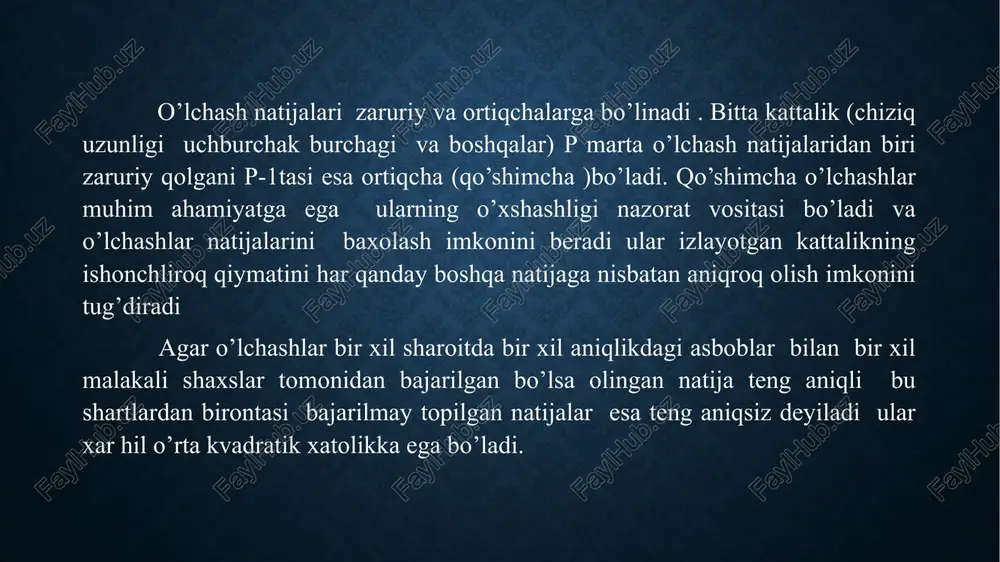 rt xossaga ega bo’ladi 1) berilgan o’lchash sharoitlari uchun absolyut miqdori bo’yicha malum bir chekdan oshmaydi; 2) absolyut qiymatlari bo’yicha musbat va manfiy xatoliklar barovar uchraydi 3) tasodifiy xatoliklar xatoliklarning arifmetik o’rta miqdori o’lchash soni cheksiz ortgandan olg’a intiladi 4) absolyut qiymatlari bo’yicha kichik tasodifiy xatoliklardan kattalarga qaraganda ko’proq uchraydi o’lchashlar aniqligini baholashda qo’laniladigan mezonlar geodeziyada bajarilgan o’lchashlar sifatini baholashda o’rtacha xatolik(0), ehtimoliy xatolik (r), o’rta kvadratik xato (m), mutlaq absolyut vanisbiy xatoliklar qo’laniladi m= o‘rtacha kvadratik xatolar qiymati k.f.gauss tomonidan tavsiya etilgan quyidagi formulada hisoblanadi: absolyut va nisbiy xatoliklar o’rta kvadratik o’rtacha, ehtimoliy va chelli xatoliklar deyiladi. surati birga teng bo’lgan kasr bilan ifodsalanadigan absolyut xatolikni o’lchagan miqdorining o’rtacha qiymatiga nisbati nisbiy xatolik deyiladi. bunda qanday xatolikdan foydalanganiga qarab nisbiy, o’rta kvadratik nisbiy, o’rtacha nisbiy, ehtimoliy nisbiy, chekli nisbiy xatolardan farqlanadi. nisbiy xatolik maxrajini, agar u yuzlikda ifodalansa o’nlikgacha, agar minglikda ifodalansa yuzlikgacha yaxlitlash maqsadga muofiqdi agar o’lchash natijalari …