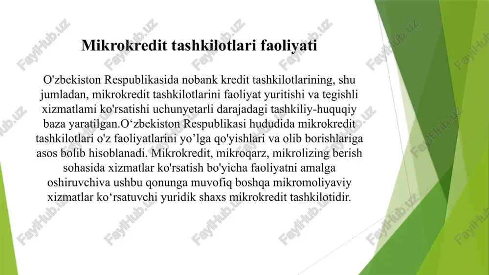 muvofiq mikrokredit tashkilotlari faoliyatini tartibga solidi va nazorat qiladi. o‘zbekiston respublikasi markaziy banki qonun hujjatlarida nazarda tutilgan tartibda: mikrokredit tashkilotlari ustav fondining eng kam miqdorini belgilaydi; moliyaviy va kassa operatsiyalarini amalga oshirish,buxgalteriya hisobi va hisobotini yuritish qoidalarini,shuningdek, iqtisodiy normativlami belgilaydi; ko’rsatilayotgan mikromoliyaviy xizmatlar uchun foizlari hisoblash tartibini tasdiqlaydi; mikrokredit tashkilotlarining faoliyatini tekshiradi va ularning faoliyatida aniqlangan mikrokredit tashkilotlari to‘g‘risidagi qonun hujjatlari talablarining buzilishlarini bartaraf etishga oid bajarilishi majburiy bo’lgan ko'rsatmalar beradi; mikrokredit tashkilotining faoliyatini auditdan o’tkazishga doir talablarni belgilaydi; mikrokredit tashkiloti ijro etuvchi organi rahbarining malakasiga doir talablarni belgilaydi; mamlakatimizda keyingi paytlarda aholiga mikrokreditlar, mikroqarzlar va mikrolizinglar berish borasida banklar bilan bir qatorda mikrokredit tashkilotlari ham o’z xizmatlarini kengaytirib bormoqdalar.mikrokredit tashkiloti mikrokreditlar, mikroqarzlar,mikrolizing berish va boshqa mikromoliyaviy xizmatlarko'rsatish bilan bogliq maslahat va axborot xizmatlari ko'rsatishi mumkin. o'zbekiston respublikasi prezidentining 2017 yil 12 sentyabrdagi “respublika bank tizimini yanada rivojlantirish va barqarorligini oshirish chora-tadbirlari to‘g‘risida”gi pq-3270-sonli qaroriga asosan 2017 yil 1-oktabrdan mikrokredit …
