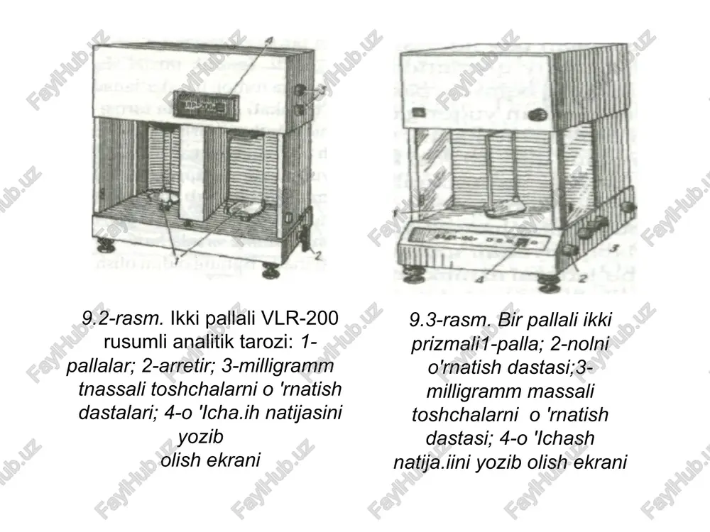rozining o'lchash bilan bog'liq joylari (pallasi, shayini,strelkasi va boshqa), toshlar va reyterga qo'l tegizmang. qo'lingizdagi namlik, yog' va boshqalar ularda qoladi. toshlarni faqat qisqich bilan ushlang. agar reyter tasodifan tushib qolsa, uni qisqich yordamida o'z o'rniga joylashdring. 9.tortish vaqtida tarozining derazachalari yopiq bo'lishi kerakligini unutmang. 10.bir ishni bajarish davomida faqat bitta tarozi va toshlar majmuasidan foydalaning. 11tarozi o'rnatilgan stolga suyanmang. tarozini joyidan aslo qo'zg'atmang. 12tarozixonaga behuda kirmang, ishlayotganlarga xalaqit bermang, ular fikrini chalg'itmang, tarozixonada qattiq ovoz bilan so'zlashmang, chopib yurmang. miqdoriy analiz laboratoriyasida ishlash qoidalari miqdoriy analiz laboratoriyasida qilinadigan har qanday amal aniq natijalar olishga qaratilganligini, buning uchun esa ko'p vaqt va mehnat sarflanishini unutmang. ish joyingizni hamma vaqt toza va saranjom tuting. ishni bajarish uchun zarur bo'lgan idishlar, reaktivlar va boshqa jihozlar oldindan astoydil tayyorlab qo'yilgan bo'lishiga e'tibor bering. ish stolingizda turgan idish, reaktiv va boshqalarni shunday joylashtiringki, ulardan foydalanish qulay bo'lsin, ular hech kimga xalaqit bermasin. laboratoriyada ishlaganda …