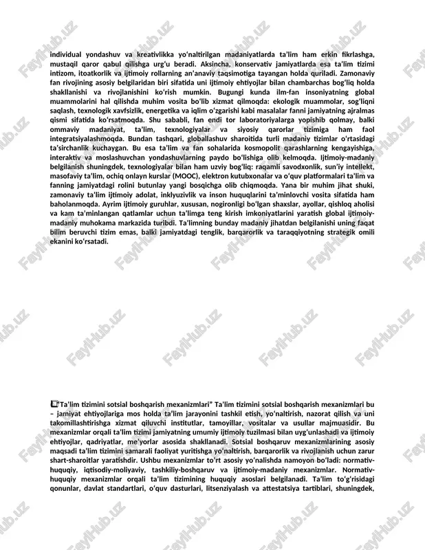 arni aniqlaydi. taʼlim siyosati sotsiologiyasi esa davlat tomonidan olib borilayotgan taʼlim siyosati va ularning ijtimoiy natijalarini baholashga xizmat qiladi. shu bilan birga, taʼlim sotsiologiyasi o‘z strukturasi doirasida turli yosh guruhlari, ijtimoiy sinflar va madaniy muhitlardagi taʼlim jarayonlarini qamrab oladi. fan vazifalari orasida shuningdek, taʼlimdagi ijtimoiy innovatsiyalarni o‘rganish, zamonaviy texnologiyalarning taʼlimga ta’sirini tahlil qilish, o‘quvchilarning ijtimoiy portretini shakllantirish, jamiyat ehtiyojlaridan kelib chiqqan holda taʼlim tizimini moslashtirish kabi masalalar ham muhim o‘rin tutadi. bularning barchasi taʼlim sotsiologiyasi fanining jamiyatdagi dolzarb muammolarni tushunish va hal qilishdagi rolini belgilab beradi. ⃣ “taʼlim tizimi ijtimoiy institut sifatida” taʼlim tizimi ijtimoiy institut sifatida jamiyatning barqarorligi va rivojlanishini taʼminlovchi asosiy tuzilmalardan biridir. ijtimoiy institut sifatida taʼlim jamiyat tomonidan qabul qilingan qadriyatlar, normalar va qoidalar asosida shaxsni ijtimoiylashuv jarayoniga tayyorlaydi. u nafaqat bilim va ko‘nikmalar beruvchi tizim, balki shaxsning ijtimoiy rol va maqomini shakllantiruvchi, uni jamiyat talablariga moslashtiruvchi tizimdir. taʼlimning institutsional tuzilmasi maktabgacha, umumiy o‘rta, o‘rta maxsus, oliy …