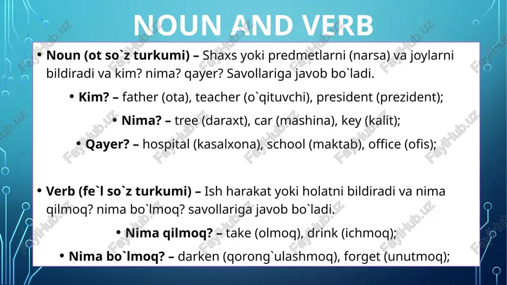 simple (o`tgan zamonda) – was, were; future simple (kelasi zamonda) – will be; greettings in english hello ! – salom hi ! – salom good morning ! – xayrli tong good afternoon ! – xayrli kun good evening ! – xayrli kech good night !- xayrli tun what`s up ! – ishlar qalay ? how are you ? – …… how are you doing ? - …… how is it going ? - …… how is everything ? - …… how is you life ? - …… i am (i`m) … - men …. my name is … - mening ismim … my full name is … - to`liq ismim …. this is … - bu …. my surname is … - mening familiyam .. my first name is … - mening ismim … my last name is … - familiyam … my middle name is … - otamning ismi. …