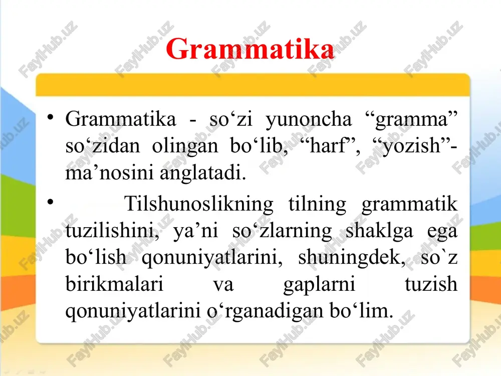 . o‘quvchilarda quyidagi ko‘nikma va malakalar shakllantiriladi: 7. gapni uyushiq bo‘laklar qo‘shib kengaytirish, ularning qaysi gap bo‘lagi ekanini aniqlay olish, uyushiq bo‘laklar orasida tinish belgisini qo‘llash. 8. undalmalarni qo‘llab gap tuzish va fikrning kimlarga qarata aytiganini izohlay olish, undalmali gaplarda tinish belgisini qo‘llash. o‘quvchilarda quyidagi ko‘nikma va malakalar shakllantiriladi: 9. gapda so‘zlarni aniq qo‘llash ko‘nikmasini o‘stirish. 10. yozma nutqda gapni to‘g‘ri shakllantirish (bosh harf bilan boshlash, tegishli tinish belgilarini qo‘yish, so‘zlarni alohida yozish). 11. matnni gaplarga ajrata olish. mavzuga oid asosiy tushunchallar (kalit so‘zlar) sintaksis leksika kategoriya gap muloqot gap bo‘lagi tinish belgi o‘z-o‘zini nazorat qilish savol va topshiriqlari: sintaksis qanday masalalar bilan shug‘ullanadi? gap deb qanday til birligiga aytiladi? darak, undov, so‘roq va buyruq gaplar qaysi mezonlar asosida farqlanadi? bu gaplar orasida qanday tafovutlar bor? foydalanilgan adabiyotlar ro‘yxati https://kompy.info/boshlangich-talim-sirtqi-yonalishi-2-kurs-talabalari-uchun-mut.html?page=18 https://azkurs.org/ozbekiston-respublikasi-oliy-va-orta-maxsus-talim-vazirligi-to-v144.html?page=315 e’tiboringiz uchun rahmat ! image1.jpeg image2.jpeg /docprops/thumbnail.jpeg