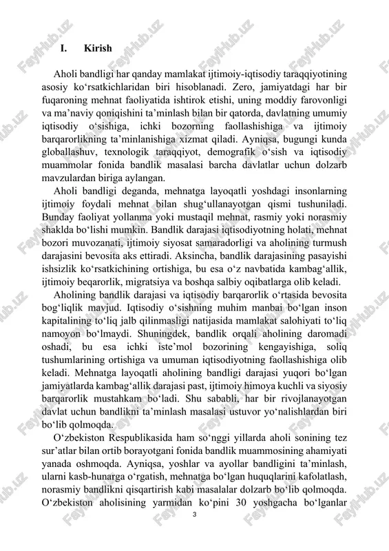 ormalari va raqamli iqtisodiyot imkoniyatlari orqali aholini ish bilan ta’minlash mexanizmlari takomillashtirilmoqda. mazkur ishda aholining bandlik holati, bandlikning turlari, ishsizlik va mehnat bozori muammolari, davlat siyosati doirasida ko‘rilayotgan chora-tadbirlar, shuningdek, raqamli iqtisodiyot sharoitida yangi bandlik shakllarining paydo bo‘lishi tahlil qilinadi. shuningdek, ayollar va yoshlar bandligiga alohida e’tibor qaratilib, o‘zbekiston sharoitida bandlikni ta’minlash borasida amalga oshirilayotgan tizimli islohotlarning ijobiy va salbiy jihatlari yoritib beriladi. bugungi kunda bandlik masalasi nafaqat iqtisodiy, balki ijtimoiy va siyosiy barqarorlikning ham hal qiluvchi omillaridan biri sifatida qaralmoqda. chunki mehnat faoliyati bilan shug‘ullanayotgan har bir fuqaro o‘zining daromadini ta’minlagani bilan birga, jamiyat hayotida faol ishtirok etadi, soliq to‘laydi, farovon turmush kechiradi va shu orqali ijtimoiy ziddiyatlarning oldi olinadi. aksincha, ishsizlik darajasi yuqori bo‘lgan jamiyatlarda jinoyatchilik, ijtimoiy norozilik, psixologik bosimlar va ommaviy migratsiya kabi salbiy holatlar kuchayadi. ayniqsa, ishsiz yoshlar sonining ko‘pligi davlat uchun katta xavf tug‘diradi, chunki ular norozilik manbai, mehnat bozori uchun esa foydalanilmagan resurs sifatida …