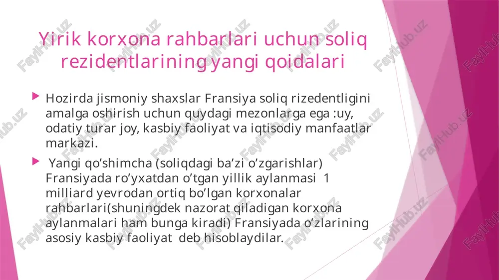 cha tez tadbirkor yoko savdogar o’zi to’lagan soliqni qaytarib oladi. soliq tavarni ishlab chiqaruvchi va sotuvchi ishlab chiqarish va sotish harajatlarini kamaytirishga qiziqriradi,tashqi savdo aylanmasini engilashtiradi,chunki tezroq tovarni eksport qilganda egri soliqni chiqarib olish uchun harakat qiladi. bu soliq markaziy va mahalliy byudjetlar daromadi tarkibiga olinadi. soliqni avval markaziy byudjetga oladi va keyin uning bir qismini mahslliy byudjetga beriladi. aktsiz solig’i qqs bilan bir qatorda istemol soliqlari tarkibiga kiruvchi aksiz solig’i ham undiriladi.aktsiz solig’ining ba’zilari davlat byudjetiga ayrimlari mahalliy byudjetga kelib tushadi aktsiz osti mahsulotlariga quydagilar kiradi. alkagol ichimliklari tamaki mahsulotlari gugurt,yondiruvchi vosita qimmatbaho buyumlardan tayyorlangan mahsulotlar zargarlik buyumlari pivo mineral suvlar korxonalar foydasidan olinadigan soliq korxonalar foydasidan olinadigan soliq-bu korxonani barcha operatsiyalari yig’indisi bo’yicha olinadiga sof foydadan undiriladi hozirgi kunda soliqning asosiy stavkasi 34%qilib belgilangan. ushbu soliq stavkasiga ham pasaytiruvchi koeffitsient qo’llaniladi .eng yuqorgi soliq stavkasi 42% qilib belgilangan. mahalliy soliqlar tarkibi fransiya soliq tushumlarining katta qismini mahalliy soliq …
