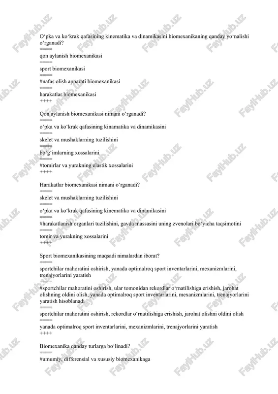 qonunlari bilan bog‘liq holda kuchni hisoblashdir ++++ xususiy biomexanika vazifasi nimadan iborat? ==== harakatlanish faoliyatining individual va guruhli xususiyatlarini o‘rganadi ==== #texnik va taktik tayyorgarlikning aniq (konkret) masalalarini qarab chiqadi ==== inson qanday va nima uchun harakat qilishini bilishga yordam beradi ==== nyuton qonunlari bilan bog‘liq holda kuchni hisoblashdir ++++ erkin tushish tezlanishining sonli ifodasi nechiga teng? ==== g = 3,14 m/s² ==== #g = 9,8 m/s² ==== g = 0,98 m/s² ==== g = 2,72 m/s2 ++++ o‘rtacha arifmetik qiymatini hisoblash formulasi qaysi qatorda to‘g‘ri keltirilgan? ==== xo‘rt=(x1+x2+x3+ … +xn)∙n ==== # xo‘rt=(x1+x2+x3+ … +xn)/n ==== ε = |δa/ahaq|∙100% ==== δa=ahaq-ai ++++ maxsus texnik vositalar yordamida fizik miqdorning qiymatini tajriba yo‘li bilan aniqlashga nima deb aytiladi? ==== kuzatuv ==== #o‘lchash ==== tajriba ==== hisoblash ++++ o‘lchov birliklarini butun jahon bo‘ylab muvofiqlashtirish maqsadida bosh konferensiya tavsiyasiga binoan birliklarning xalqaro tizimi qisqacha qanday yozilish qabul qilingan? ==== bmt ==== #si ==== …