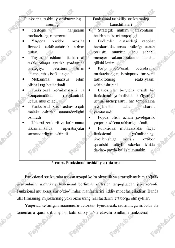 bera olmaydi. bo’limlar siyosatining turlicha bo’lishi, funksional tarmoqlashuv, uzoqni ko’ra olmaslik va jarayonlarning tarqoqligi bosh menejer uchun jiddiy muammo tug’diradi. bosh menejer esa tashkiliy strukturada funksional bo’limlar o’rtasida hamkorlikni talab qiluvchi yagona shaxs bo’lib qoladi. muvaffaqiyatga erishish uchun u qattiq turib, shafqatsiz ravishda bo’lim boshliqlari yagona komanda kabi faoliyat ko’rsatishini talab qilishi, funksional mutaxassislar esa hamkorlik qilishga majbur bo’lishi lozim. funksional tuzilmalar asosan uzoqni ko’ra olmaslik va strategik muhim xo’jalik jarayonlarini an‟anaviy funksional bo’limlar o’rtasida tarqoqligidan jabr ko’radi. funksional mutaxassislar o’zbo’limlari manfaatlarini jiddiy mudofaa qiladilar. bo’limlar siyosatining turlicha bo’lishi, funksional tarmoqlashuv, uzoqni ko’ra olmaslik va jarayonlarning tarqoqligi bosh menejer uchun jiddiy muammo tug’diradi. bosh menejer esa tashkiliy tuzilmada funksional bo’limlar o’rtasida hamkorlikni talab qiluvchi yagona shaxs bo’lib qoladi. muvaffaqiyatga erishish uchun u qattiq turib, shafqatsiz ravishda bo’lim boshliqlari yagona komanda kabi faoliyat ko’rsatishini talab qilishi, funksional mutaxassislar esa hamkorlik qilishga majbur bo’lishi lozim. menejerlar strategik muhim funksiyalarni tarqoqlashtiradigan tashkiliy qurilmalarni …