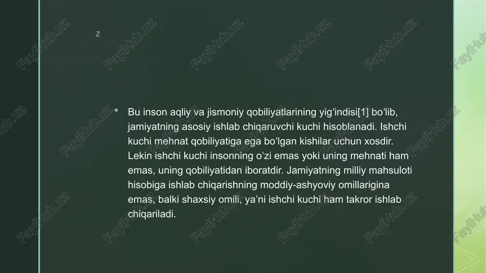 bogʻliq. z z mamlakat miqyosida 3—5% darajasidagi ishsizlik iqtisodiyot uchun normal holat (ishsizlik ning tabiiy chegarasi) hisoblanadi. ishsizlik darajasini pasaytirish uchun aholi bandligini taʼminlash davlat dasturlari ishlab chiqiladi, korxonalar qurilib, yangi ish oʻrinlari tashkil etiladi, xodimlarni yangi kasblarga oʻqitish, qayta tayyorlash ishlari amalga oshiriladi, bandlikka yor-dam jamgʻarmasi tashkil qilinadi. z ishsizlik turlari: friksion (oraliq) ishsizlik. siklik ishsizlik. institutsional ishsizlik. texnologik ishsizlik. hududiy ishsizlik. yashirin ishsizlik. turg’un ishsizlik. z z image4.jpeg image5.jpeg image6.jpeg image7.jpeg image2.png image3.png /docprops/thumbnail.jpeg