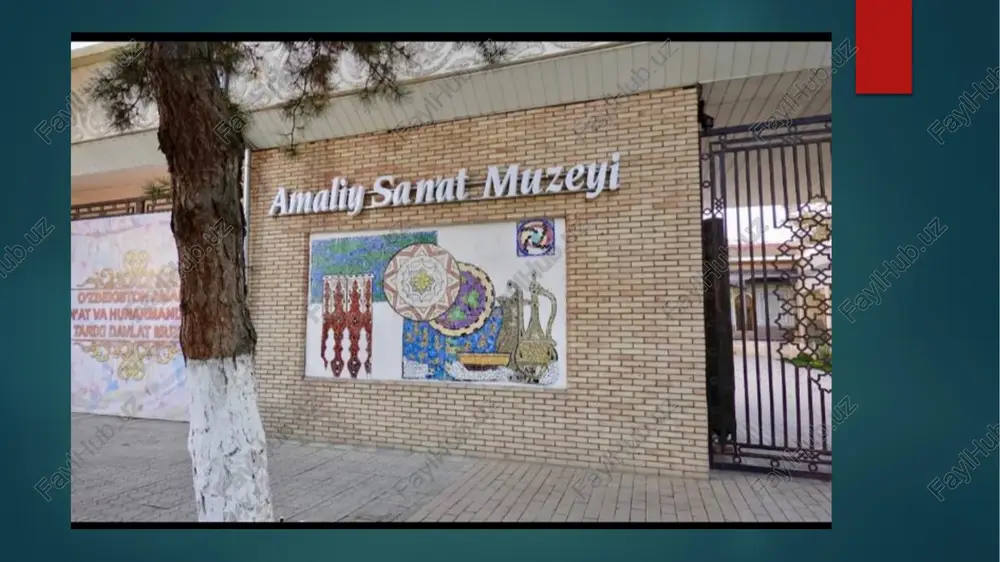 ilgan mujizalarni, betakror san’at nafisligini ko’rib, olamolam zavk olasiz. muzey o’z xazinasida saqlanayotgan 7 mingdan ortiq xalq amaliy san’ati nodir asarlarining hammasini bir yula ekspozitsiyasida namoyish qilish imkoniga ega emas. foydalanilgan adabiyotlar va elektron saytlar muzeyshunoslik. moskva.1988 yil. n.sodikova. madaniy edgorliklar xazinasi. toshken.1981 yil 1. i. a. karimov “tarixiy xotirasiz kelajak yuk” t.1998 y. “uzbekiston muzeylar ishini takomillashtirish va rivojlantirish xakida” uzbekiston vazirlar maxkamasining karori g`g` uzb.abadiyoti va san`ati 1998 y. 10 yanvar’. https://meros.uz/object/ozbekiston-amaliy-sanat-muzeyi etiboringgiz uchun rahmat image6.jpeg image7.jpeg image8.jpeg image9.jpeg image10.jpeg image11.jpeg image12.jpeg image13.jpeg image14.jpeg image15.jpeg image16.jpeg image17.jpeg image18.jpeg image19.jpeg image20.jpeg image21.jpeg image22.jpeg image23.jpeg image24.jpeg image25.jpeg image2.png image3.png image4.png image5.png /docprops/thumbnail.jpeg