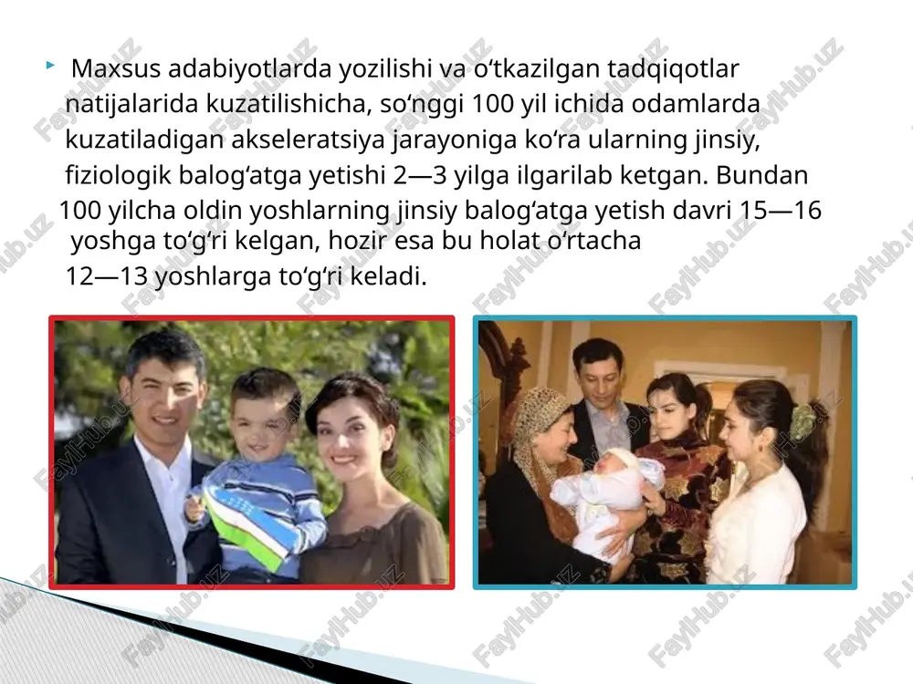 13 yoshlarida jinsiy balog‘atga yetadilar va aksariyat hollarda oradan 7—8 yil o‘tgandan so‘ng, ya’ni qizlar 19—20 yoshda, yigitlar esa 21—22 yoshda oila quradilar. bu vaqtda esa ular na iqtisodiy jihatdan, na ijtimoiy jihatdan va na psixologik jihatdan oilaviy hayotga tayyor bo‘ladilar. bunday holatlar shubhasiz, ularning oilaviy hayotlarida oldingi tengdoshlari hayotida kuzatilmagan muammolarni keltirib chiqaradi. jamiyat taraqqiyotining bugungi holati hozirgi zamon oilasi oldiga o‘ziga xos yangi ijtimoiy vazifalarni ham yuklaydiki, bularning barchasi hozirgi yoshlarimiznioilaviy hayotga maxsus tayyorlash masalasi eng dolzarb masalalardan biri bo‘lishligini taqozo qilmoqda. shuning uchun ham so‘nggi 15—20 yil davomida dunyoning barcha rivojlangan mamlakatlarida, jumladan, bizning respublikamizda mustaqillikka erishganimizning dastlabki yillaridanoq, oila masalalariga, yoshlarni oilaviy hayotga tayyorlash, oilalarda komil shaxsni shakllantirish masalalariga alohida e’tibor berib kelinmoqda. umuman insoniyat jamiyati tobora taraqqiy etib boraverar ekan, oila masalalarining dolzarbligi ham shunga mos ravishda ortib boraveradi va oilaga bo‘lgan e’tibor ham kecha va bugunga qaraganda ertaga yanada yuqoriroq bo‘ladi. «oila psixologiyasi» fanining …